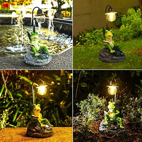 Miniatura 6 de Estatuas de jardín para decoración al aire libre, esculturas de rana de resina y estatuas con bombilla Edison impermeable, figuras solares para