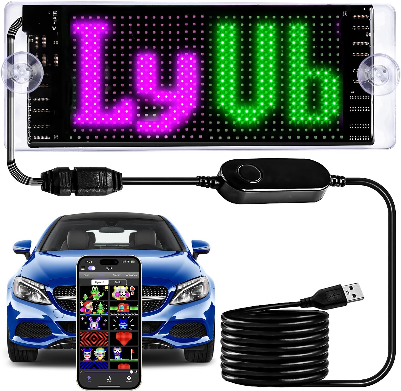 Light Sign for Car, 6.7''x2.7'' Programmable Flexible LED Matrix Panel, Bluetooth APP Control Custom Text Pattern Animation Scrolling LED Display for Car Windshield