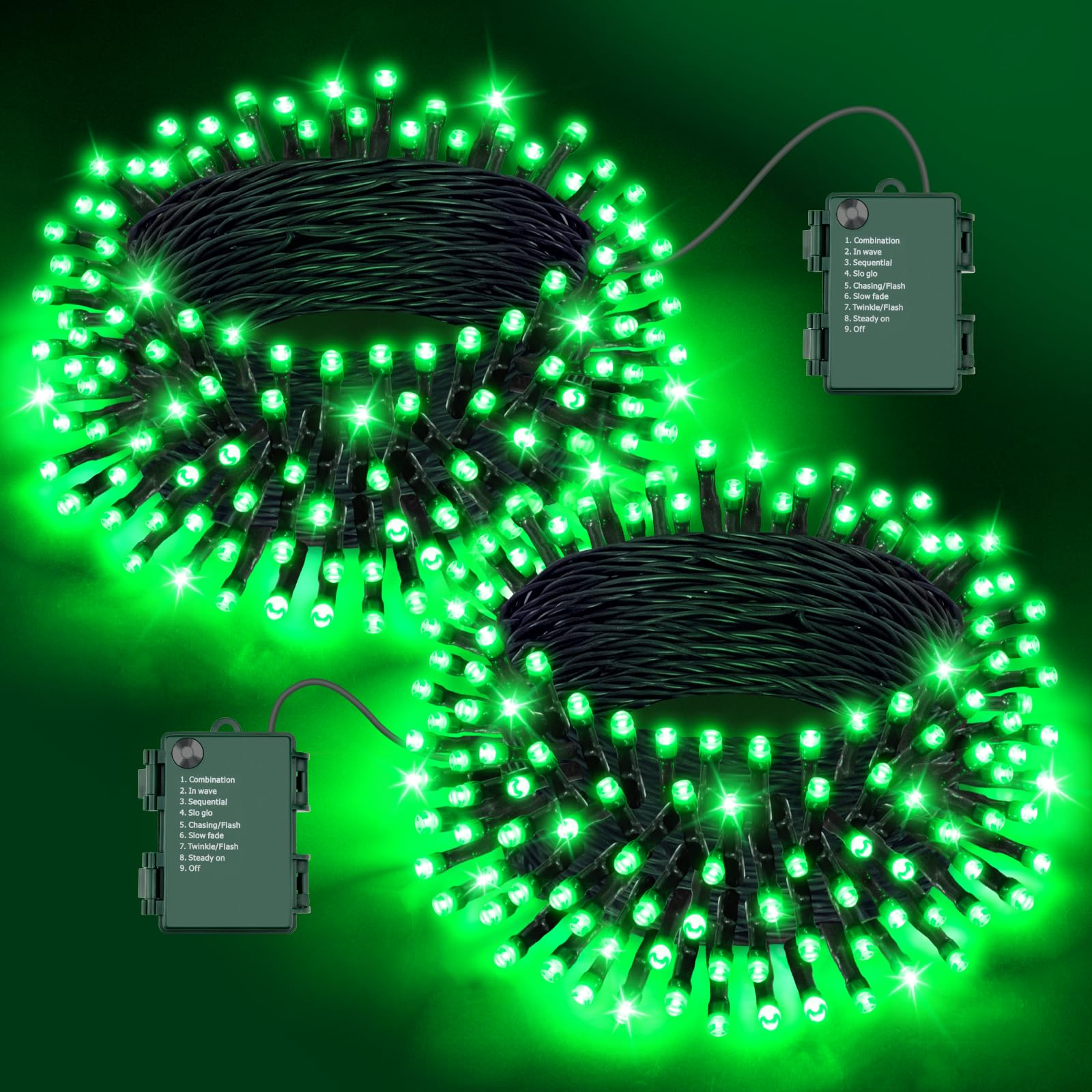 FFZZKJ Halloween Lights Outdoor 8 Modes Total 100 LED with Timer Waterproof 16.4Ft*2, 50LED*2 Fairy Lights Battery Operated for Halloween Decorations, Green