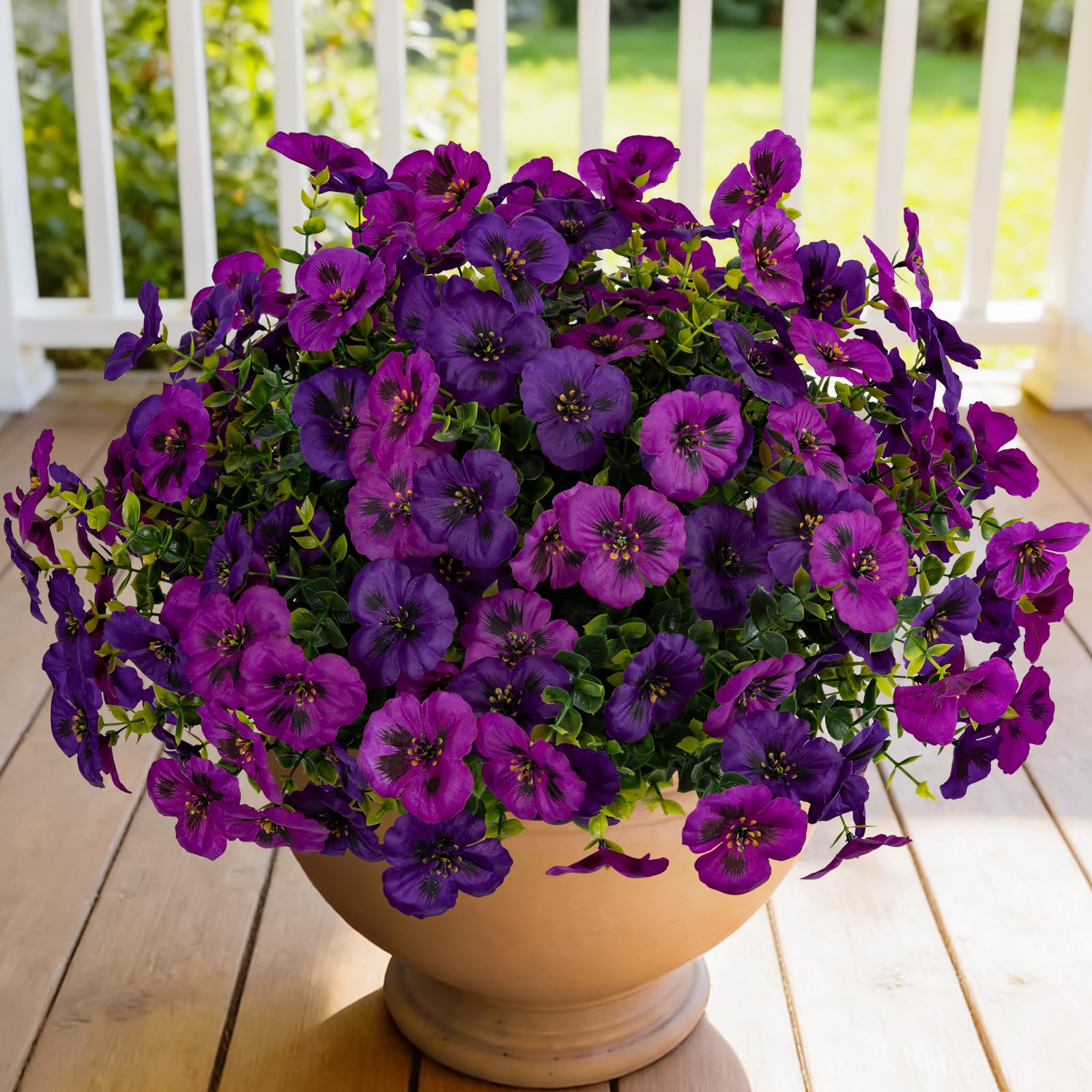 12 Piece Outdoor Artificial Flowers Fake Pansies -Two-Tone Faux Flowers per Stem UV Resistant for Indoor Outdoor Porch