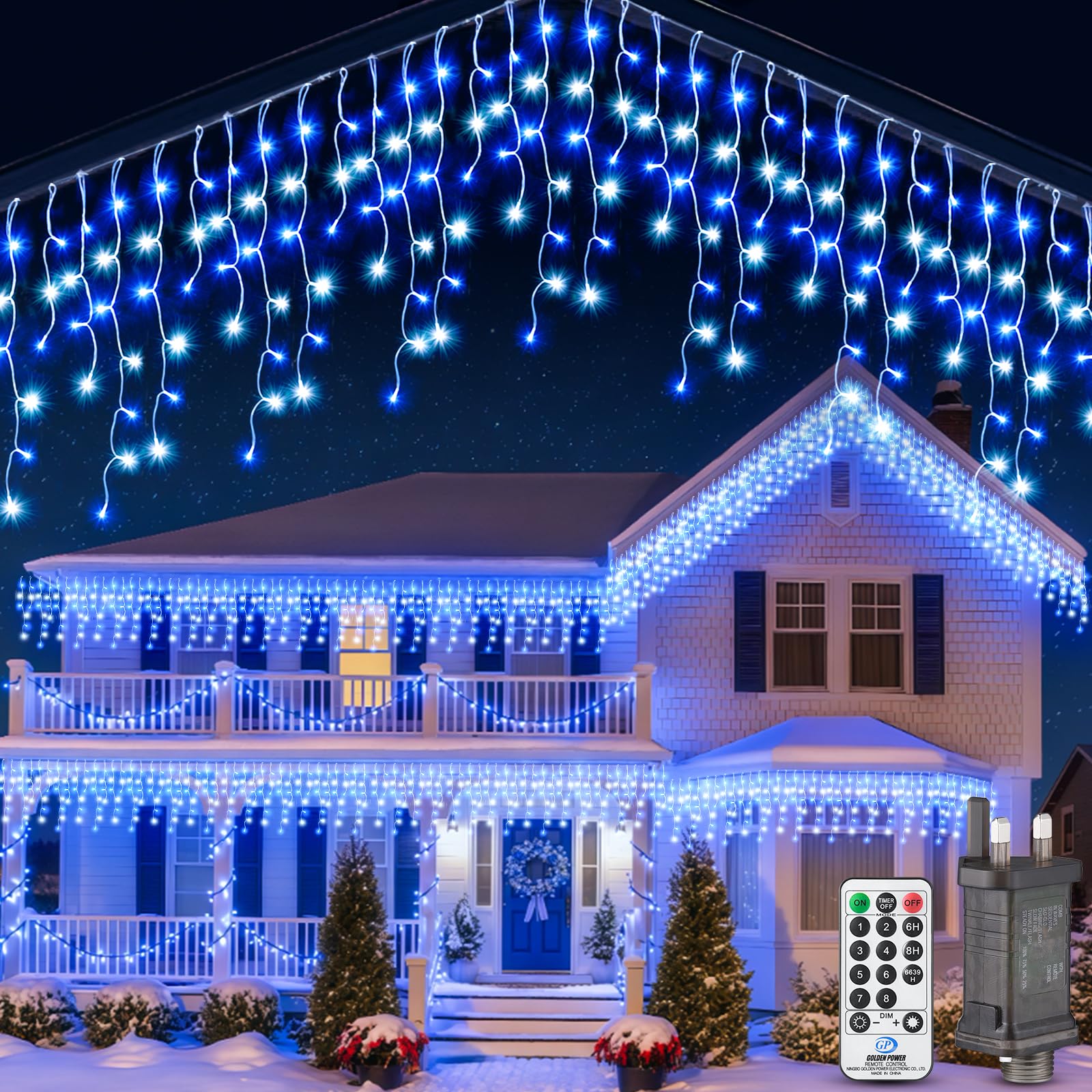 Outdoor Christmas Lights Curtain Waterfall – 15 m Light Chain Outdoor Blue and Cool White with Remote Control Timer IP44 Waterproof 8 Modes Christmas Decorations Lights Outdoor Christmas Waterfall