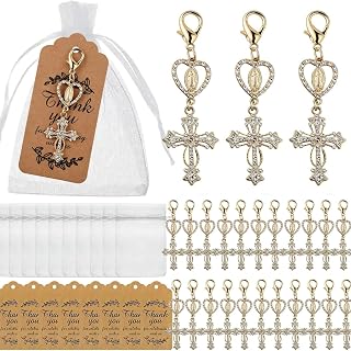 48 Sets Baptism Favors Bulk Set, Cross Heart Keychain with Thank You Tags & Organza Bags, First Communion Religious Party Favors for Guests, Christening Easter Gifts Religious Prayer Souvenirs