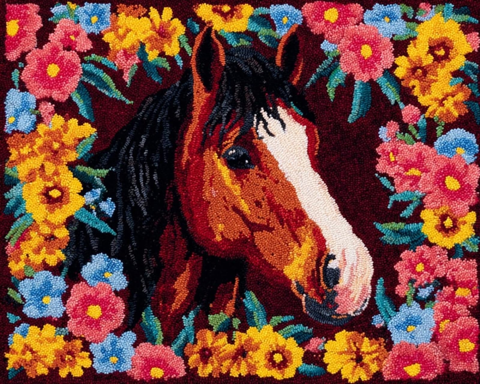 Wallphantom Latch Hook Kits Rugs,Horses and Flowers,Handmade Self Knotting Set,Tapestry Kits for Adults,Cushion Latch Hook Rug Pre-Printed Pattern Craft for Adults,80x115cm