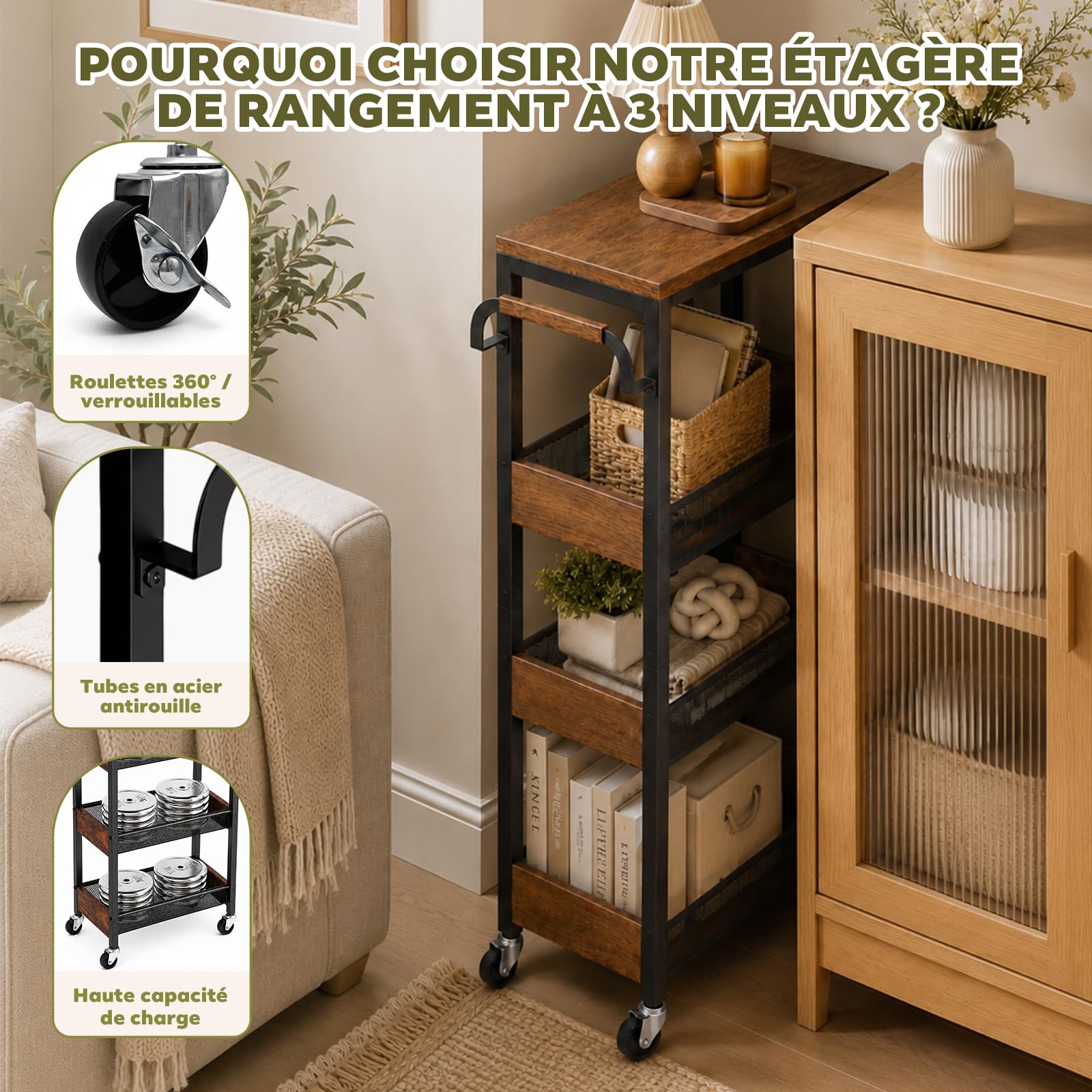 Chariot de Rangement Étroit 4 Niveaux avec Revêtement en Bois