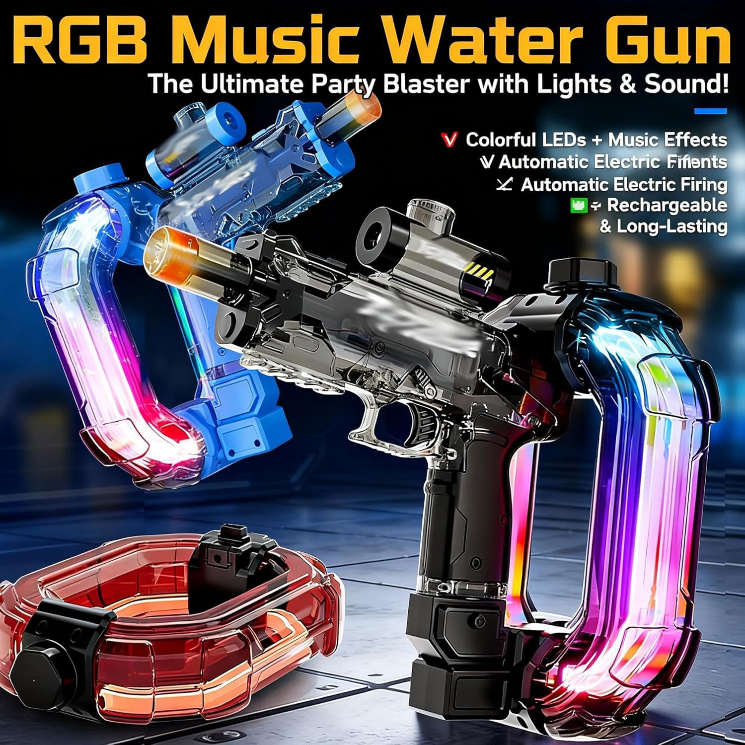 Kids Electric Water Gun with LED Lights, Elektrische Wasserpistole Erwachsene Kinder, Automatischer Wasserblaster mit LED-Licht, 900cc Spritzpistole Wasser Spielzeug für Sommer Strand Pool (Schwarz)