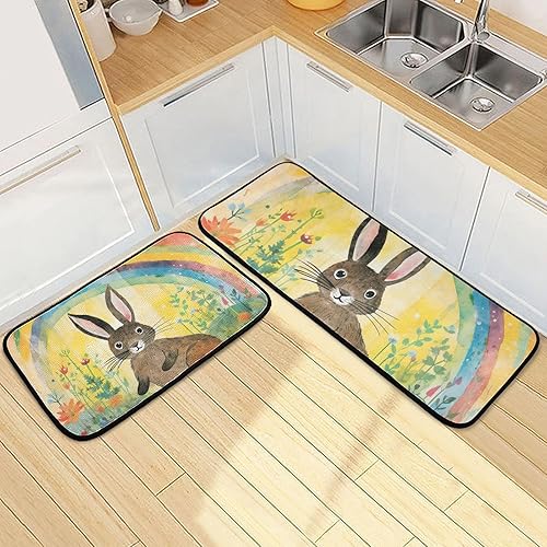 Miniatura 2 de Kitchen Mats for Floor 2 Piece Set Paintingcute Rabbit Print, Anti Skid Cushioned Water Absorbent Kitchen Rugs Door Mat Floor Mats for Kitchen Sink