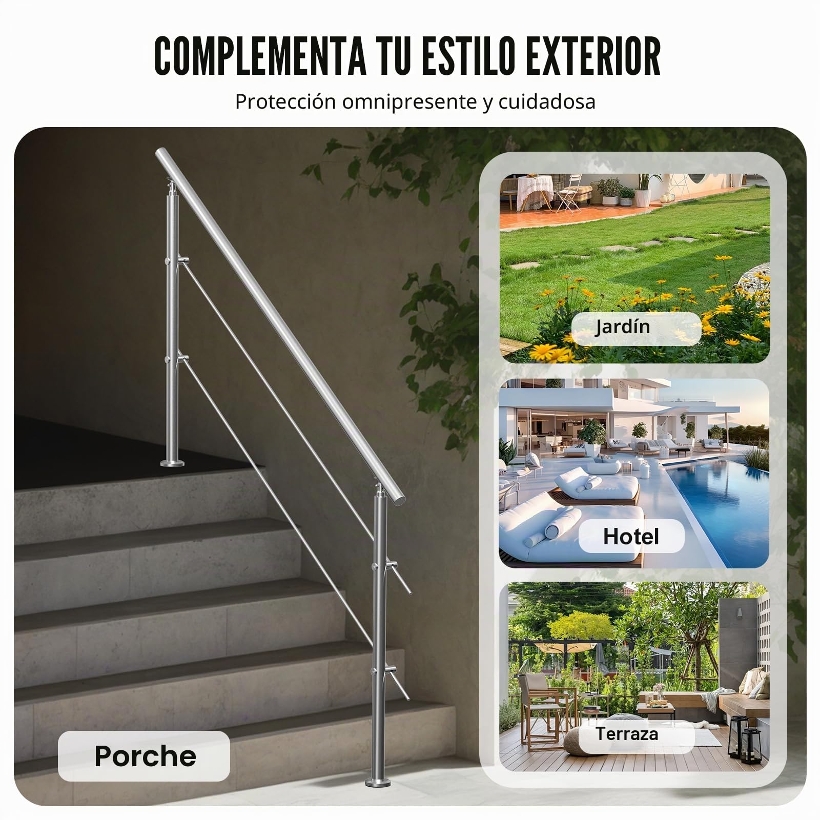VEVOR Pasamanos de Escalera 180 cm Barandilla de Escalera para Escalones Exteriores de Acero Inoxidable 2 Travesaños con Kit de Instalación Barra de Agarre para Personas Mayores, Porche, Patio