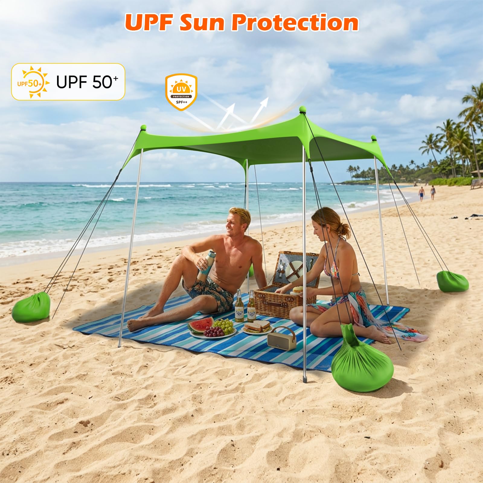 Tenda da spiaggia 2 x 2,1 m, Parasole UPF50+ Portatile per 2-3 Persone – Kit Parasole da Esterno con Pali, Picchetti, Corde e Borsa Trasporto – Ideale per Spiaggia, Campeggio, Picnic – Verde