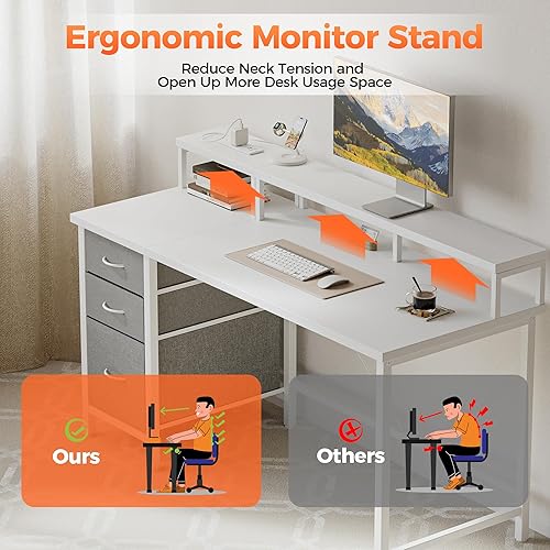 Miniatura 4 de Mericonia - Escritorio para computadora de 63 pulgadas con tomas de corriente y luces LED, escritorio para juegos con 3 cajones para oficina en