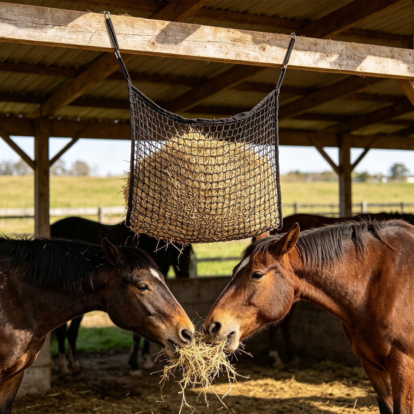 Rete da fieno per cavalli, ca. 15 kg, Heusack per cavalli grande 90 × 120 cm, 4,5 cm, rete da fieno a maglia stretta – Heusack cavallo con 2 robusti moschettoni, Slow Feeder