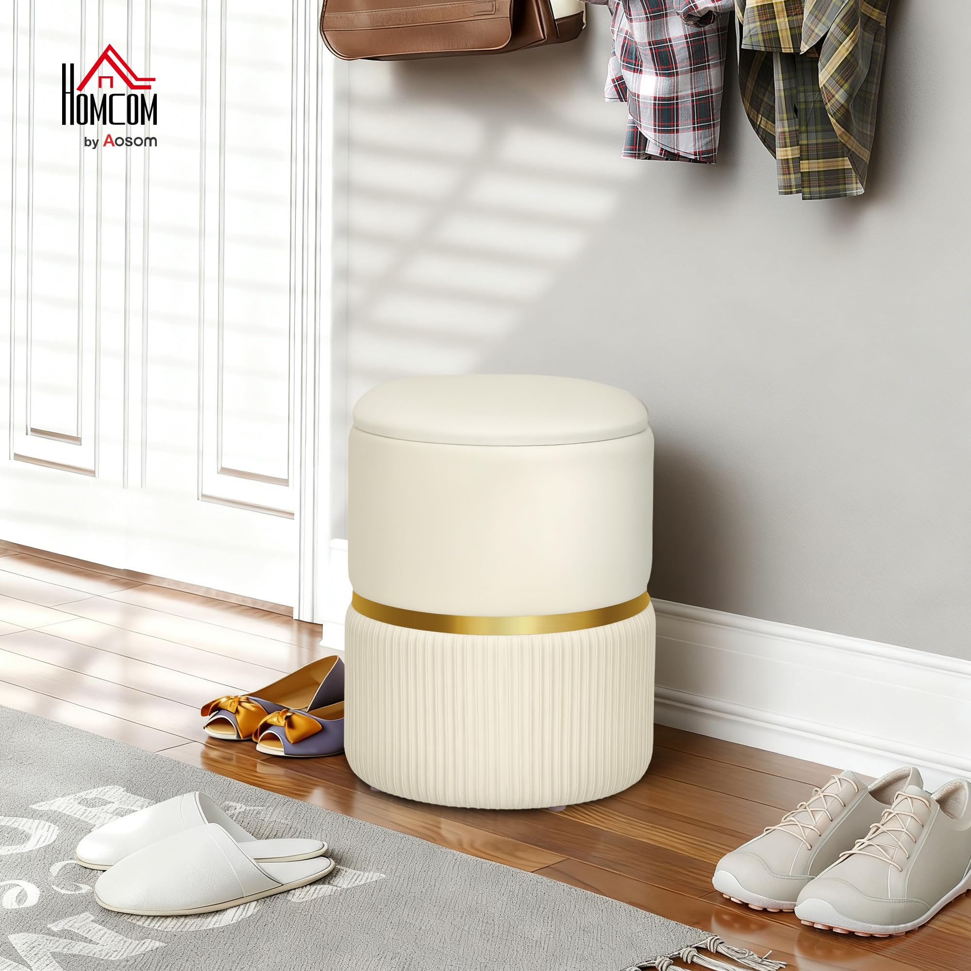 HOMCOM Pouf Tabouret Repose-Pied, Coffre de Rangement, en Velours Côtelé, Design Moderne, 36 x 36 x 44 cm, pour Salon, Chambre, Beige