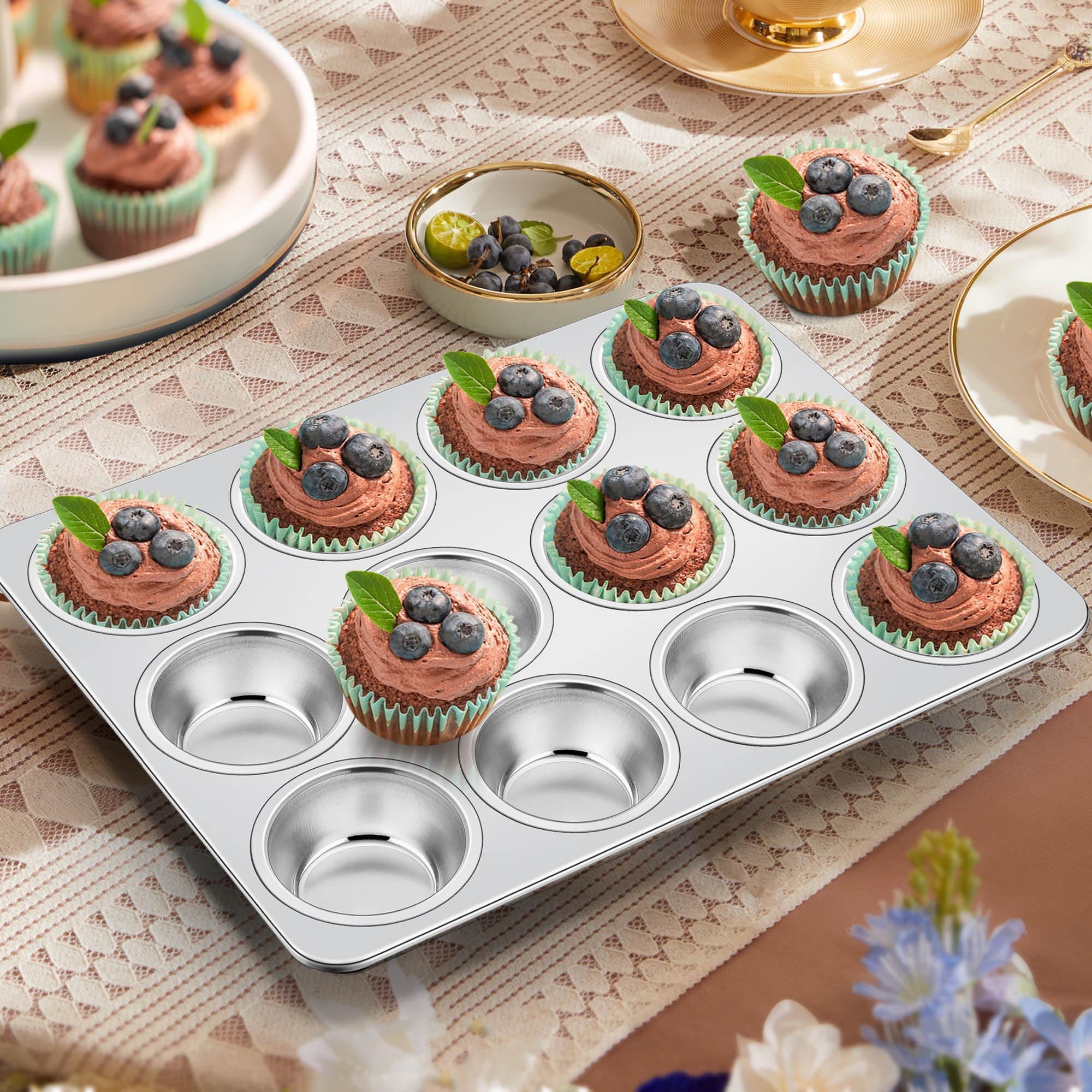 Homikit Muffinform aus Edelstahl, mit 12 Förmchen, normale Größe, antihaftbeschichtet, Metall, Cupcake-Eierbeißform zum Backen, ungiftig und rostfrei, ofen- und spülmaschinenfest, 3 Stück