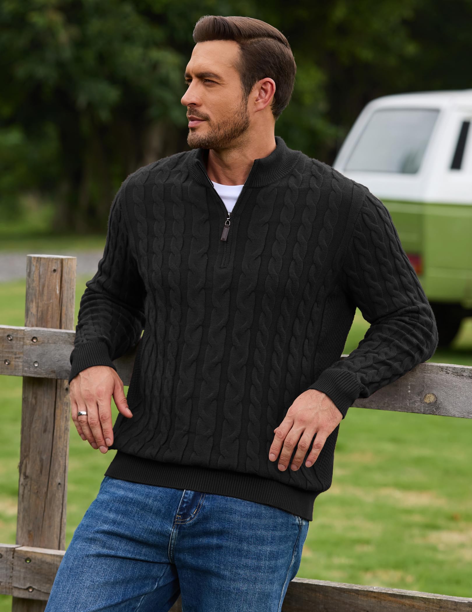 COOFANDY Maglione da uomo con mezza cerniera, motivo a treccia, elegante, business, collo alto, inverno, caldo, casual