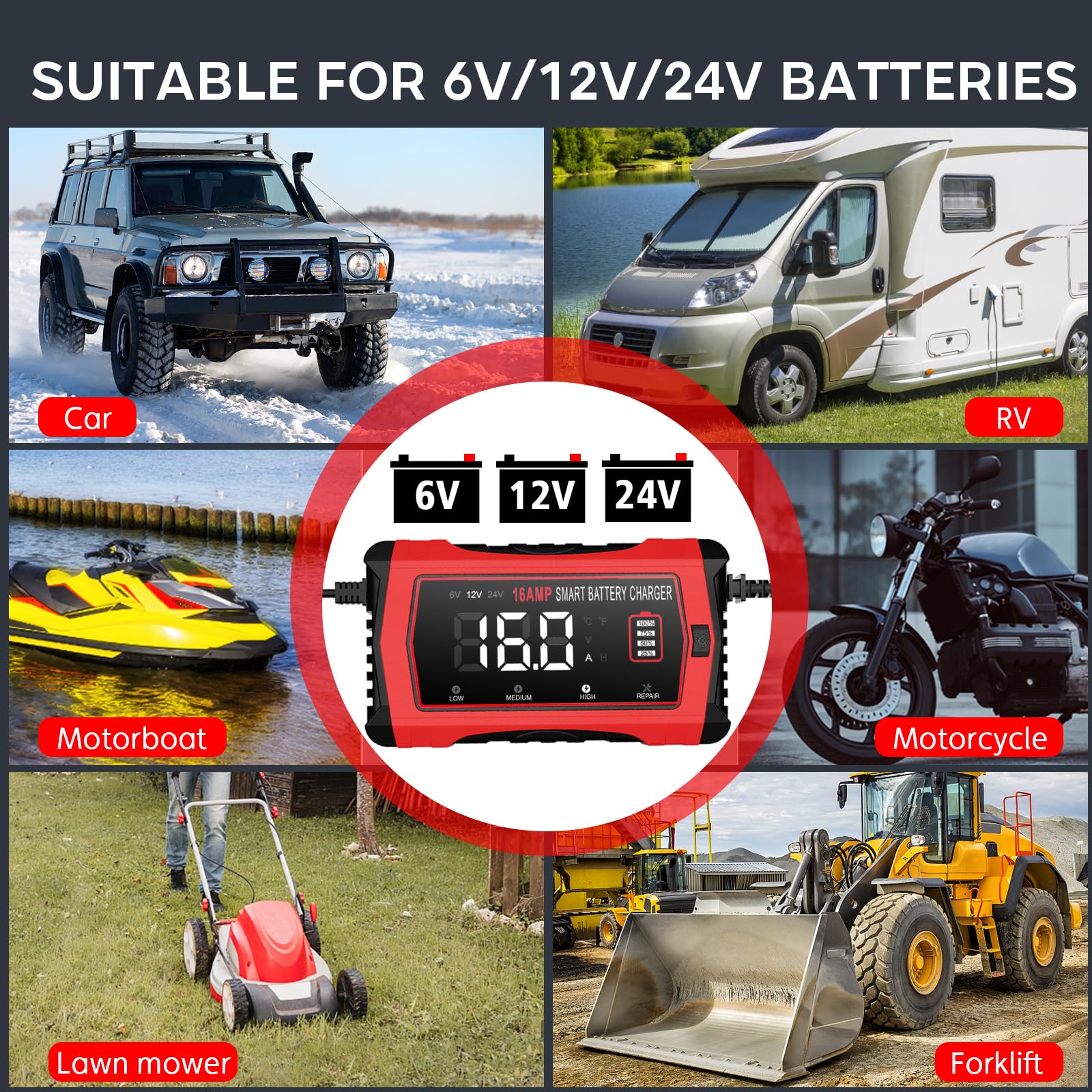 Caricabatterie LiFePO4 da 16 A, 12 V e 24 V, mantenitore intelligente per auto con 10 fasi e compensazione della temperatura