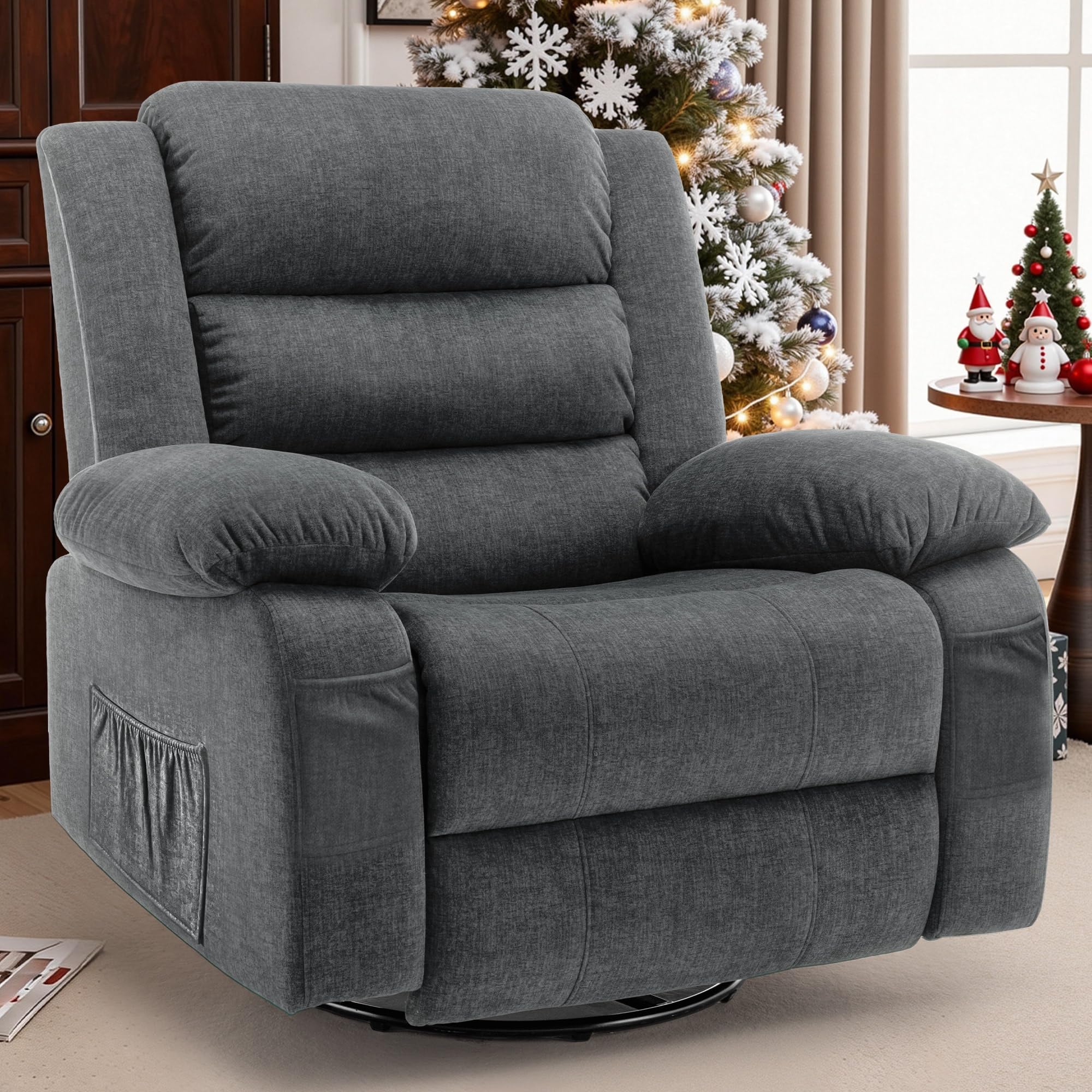Recliner Chair, Wide Rocker Chair, Rocking Chair with Massage and Heat,360°Swivel Nursery Rocking Chairs, Oversized Recliner for Adults, Cashmere Reclining Sofa for Living Room, Grey