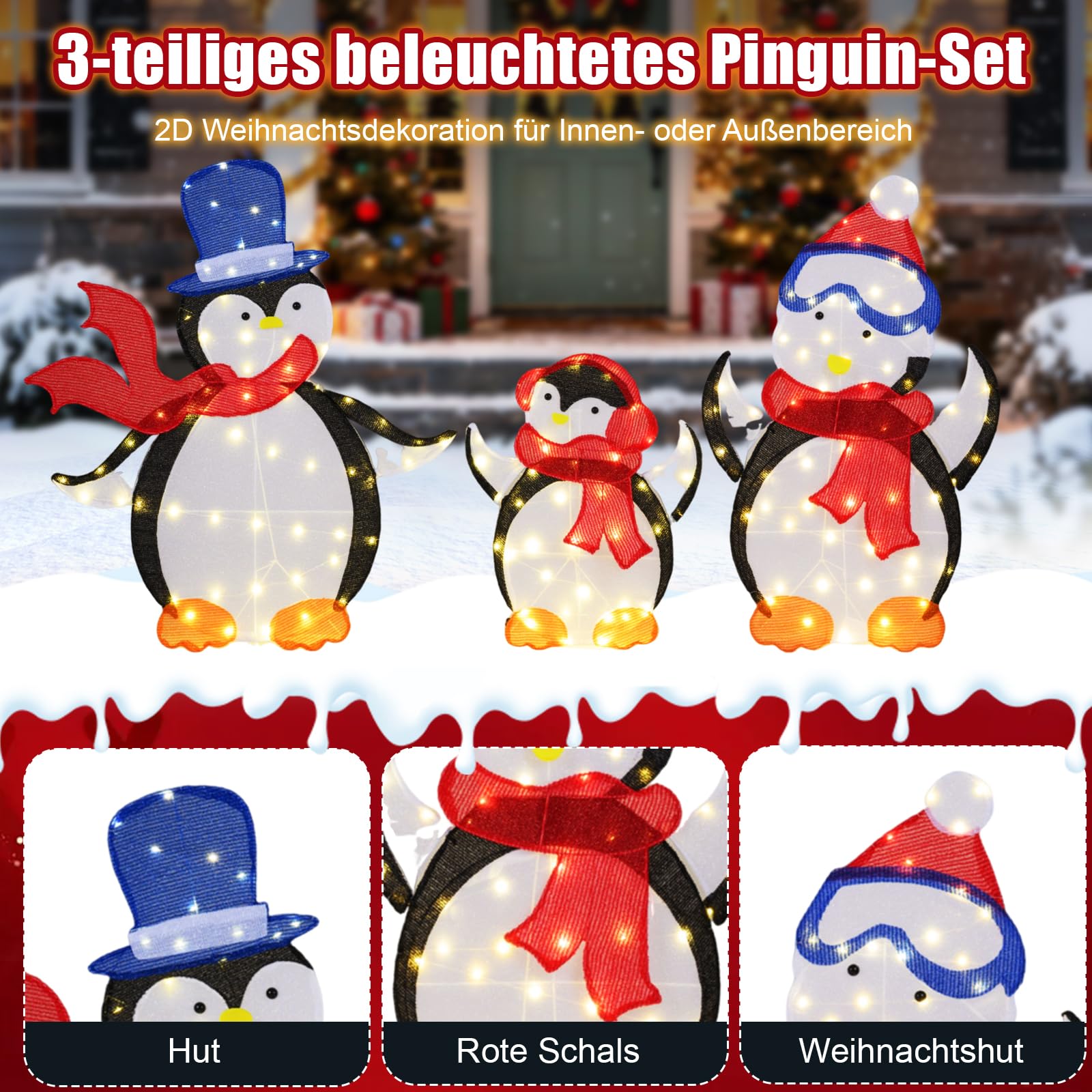 COSTWAY 3 teilige LED Pinguin Familie, beleuchtete Weihnachtsdeko mit 160 warmweißen LED-Lichtern & Schals, Weihnachtsfiguren XXL Outdoor, Weihnachtsbeleuchtung, Weihnachtsdekoration für Außen & Innen