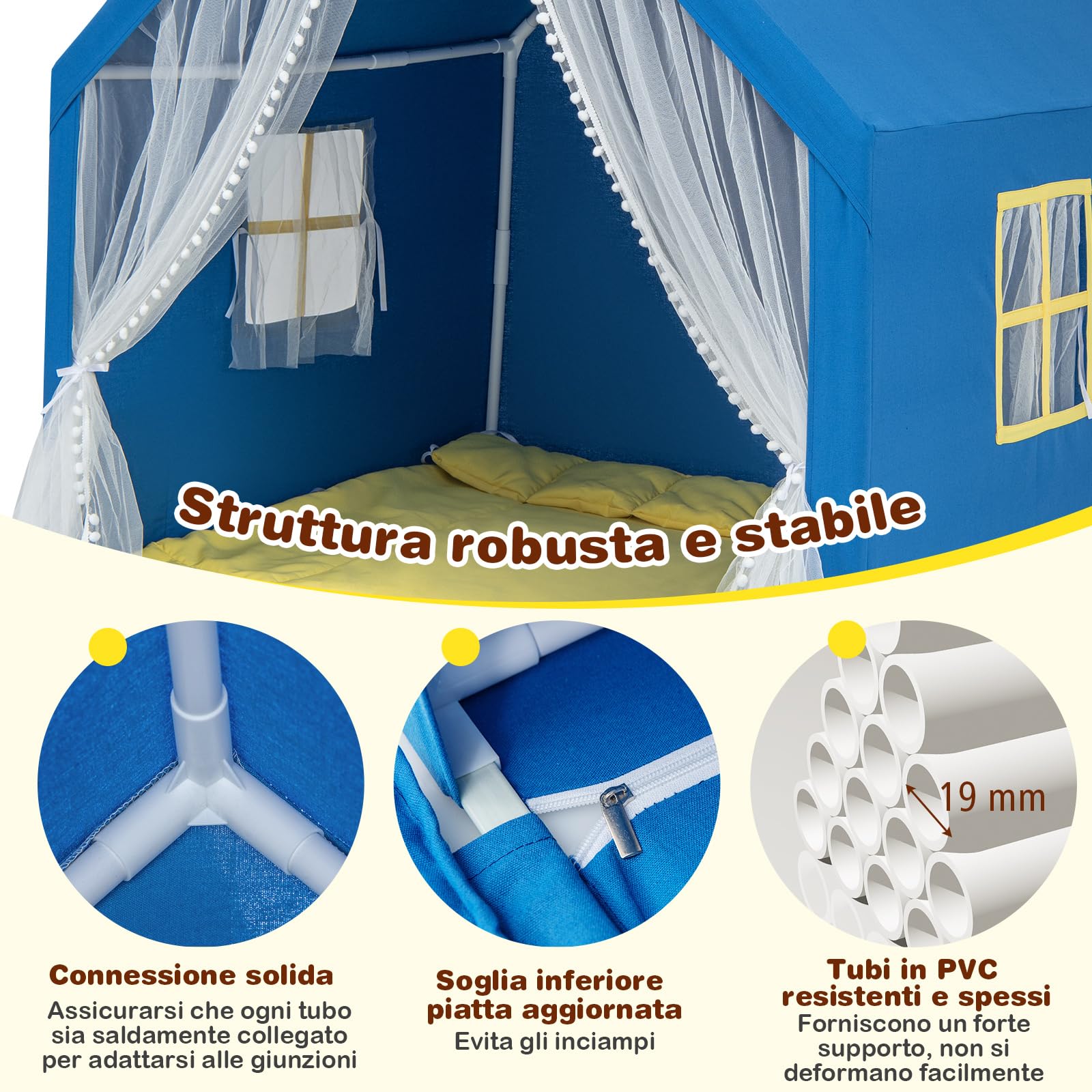 COSTWAY Tenda da Gioco per Bambini, Casetta per Bambini con Tappeto in Cotone Lavabile Luci Stellari e Finestre, Tenda del Castello, 122x105x125 cm (Blu)