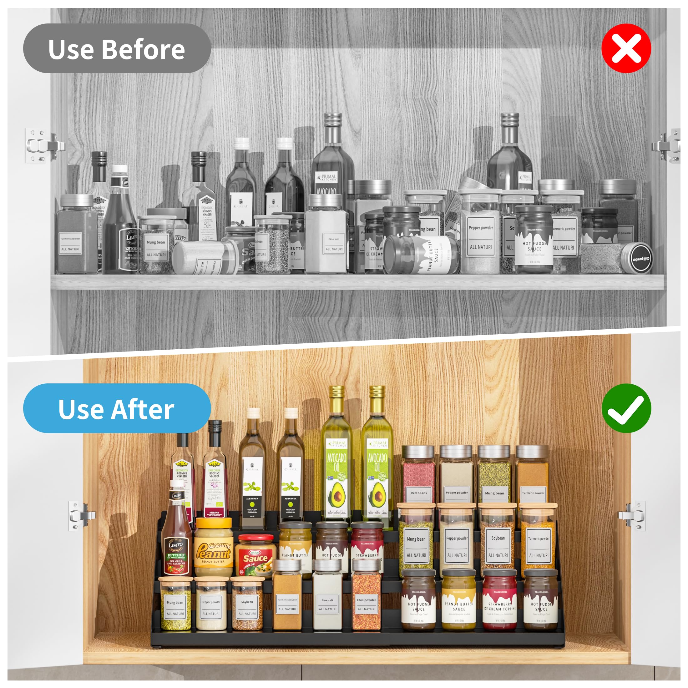 BOIVSHI Étagère à épices extensible en largeur (Noire) – Rack de cuisine sans perçage pour organisation d'armoire