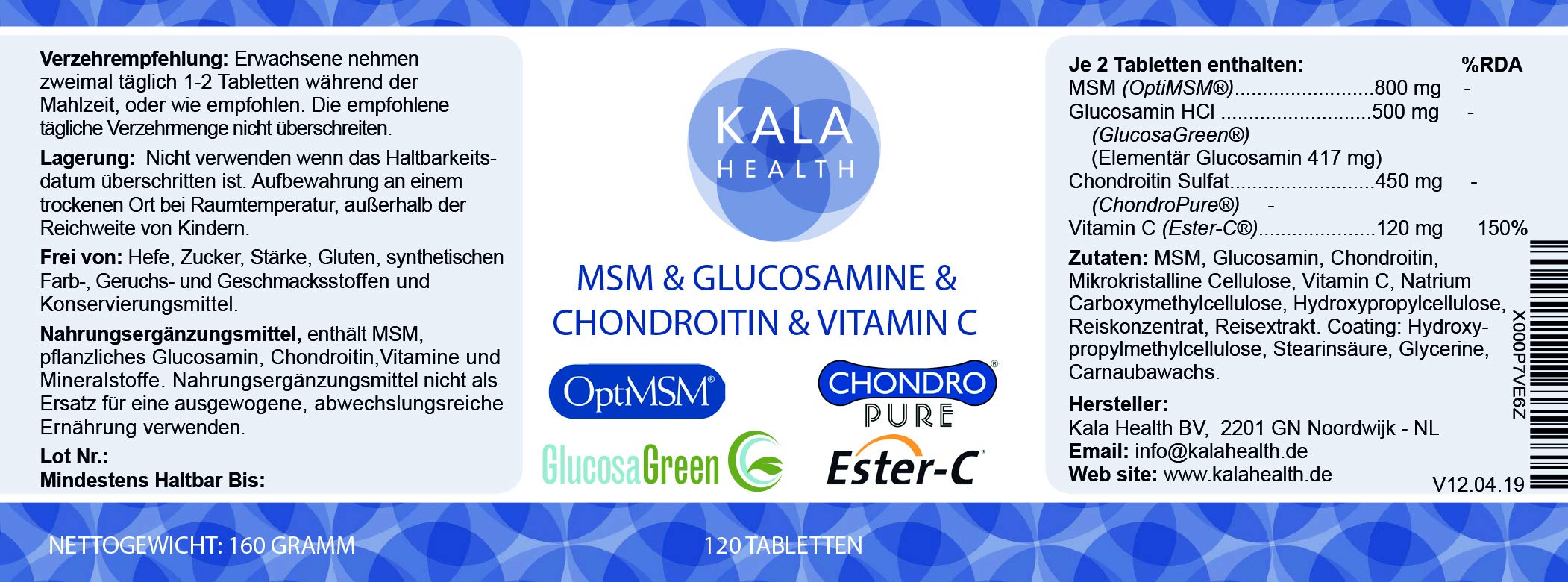 Kala Health – 120 Tabletten mit OptiMSM® (Methylsulfonylmethan), GlucosaGreen® Glucosamin, ChondroPure® Chondroitin und Ester-C® vitamin C, hochdosiert, frei von Hilfstoffe