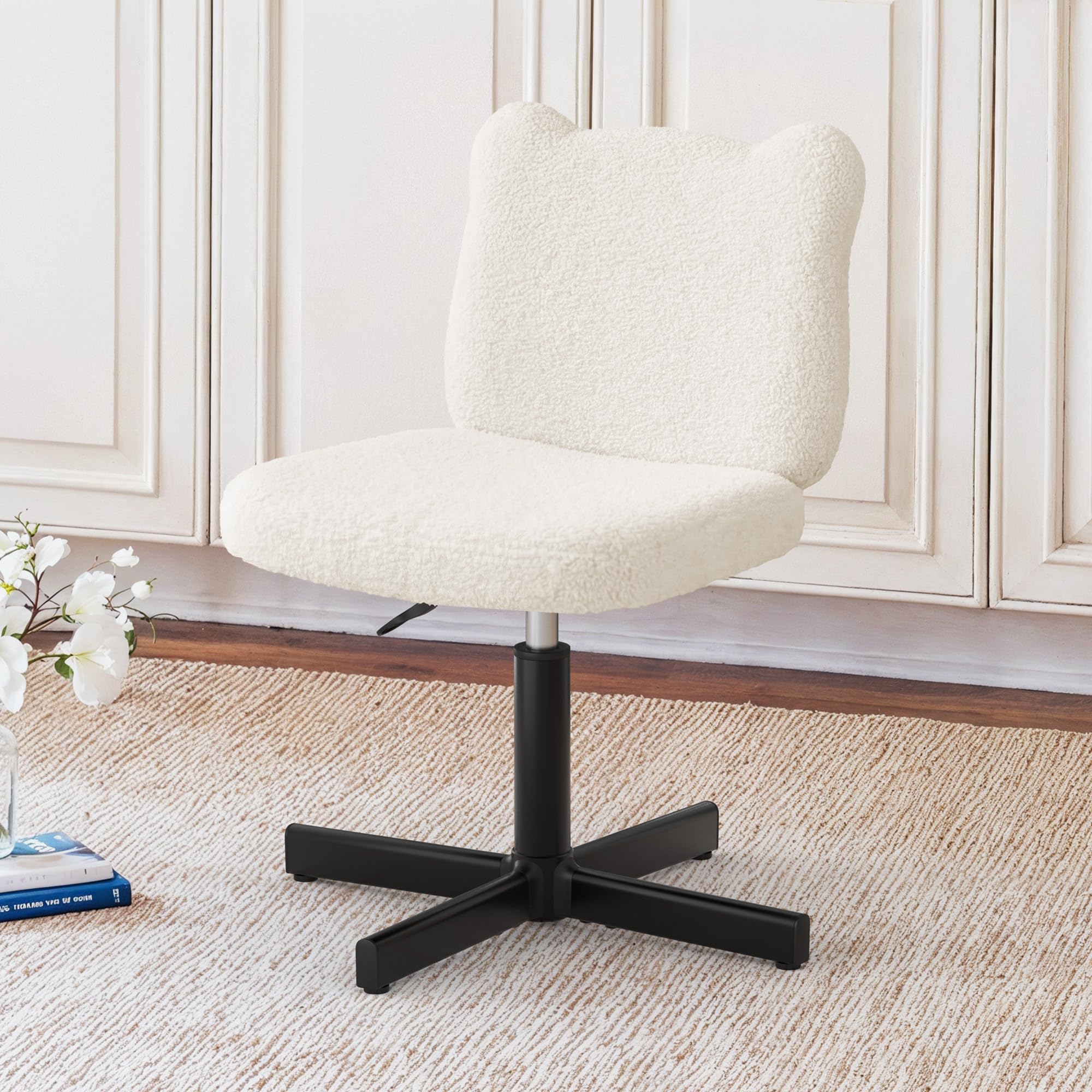 LUE BONA Schminktisch Stuhl mit Bärenohren Rückenlehne – 360° Teddy-Samt Drehsessel, Schminktisch Hocker für Schlafzimmer & Ankleidezimmer, Belastbar bis 136kg, Beige