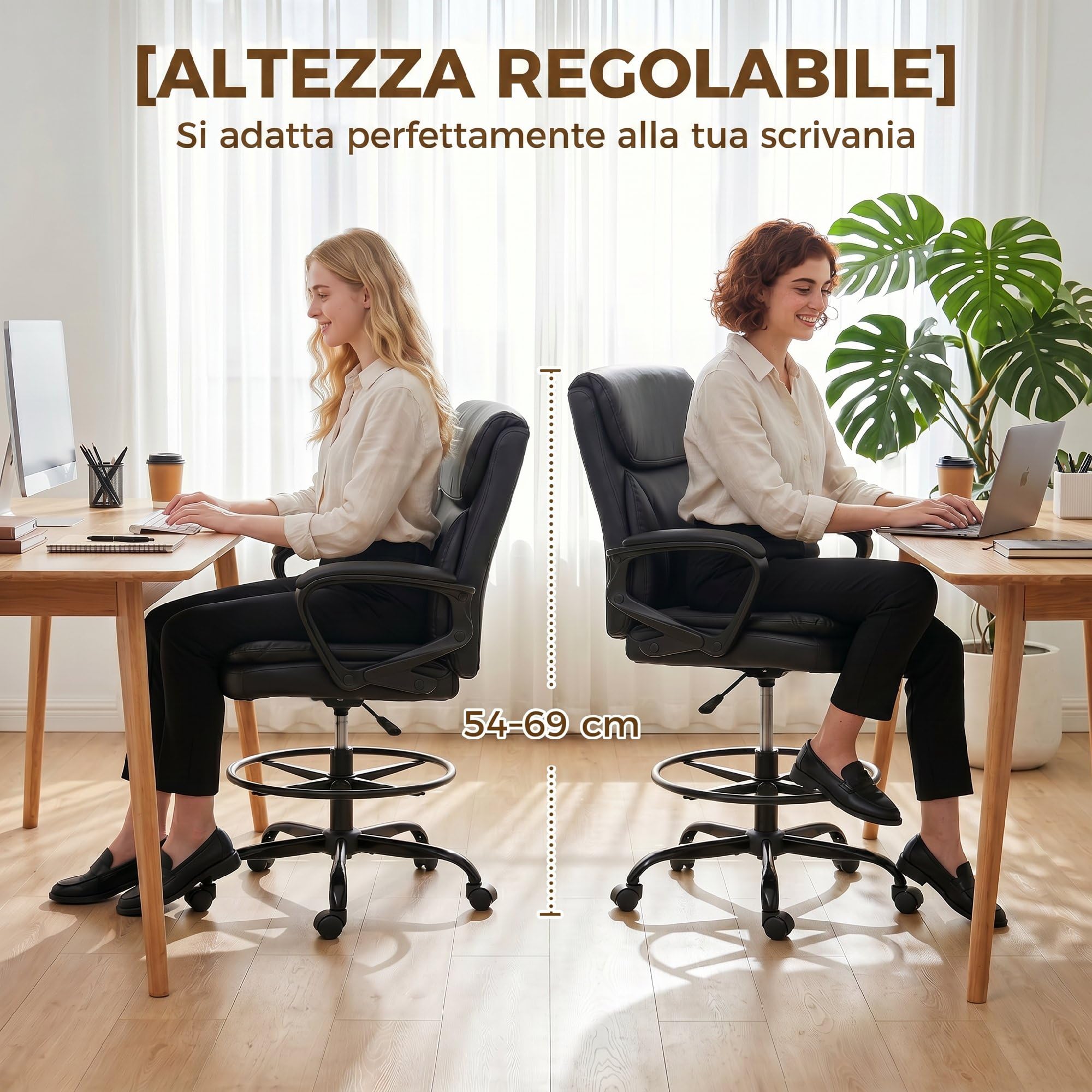 Vinsetto Sedia Ufficio Altezza e Anello con Poggiapiedi Regolabili Nero