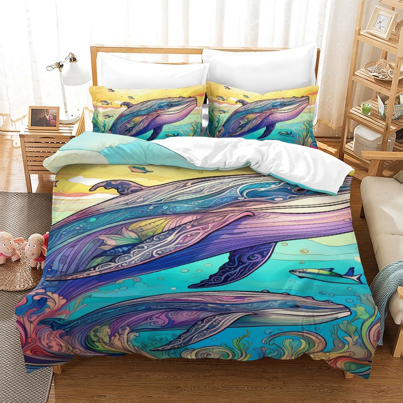 BARDYS Whale 3D Printed Quilt Cover 3 Pieces Bedspread Soft Microfiber with Zipper Closure,Pillowcases for Teens And Adults Single(140x200cm) — image 1