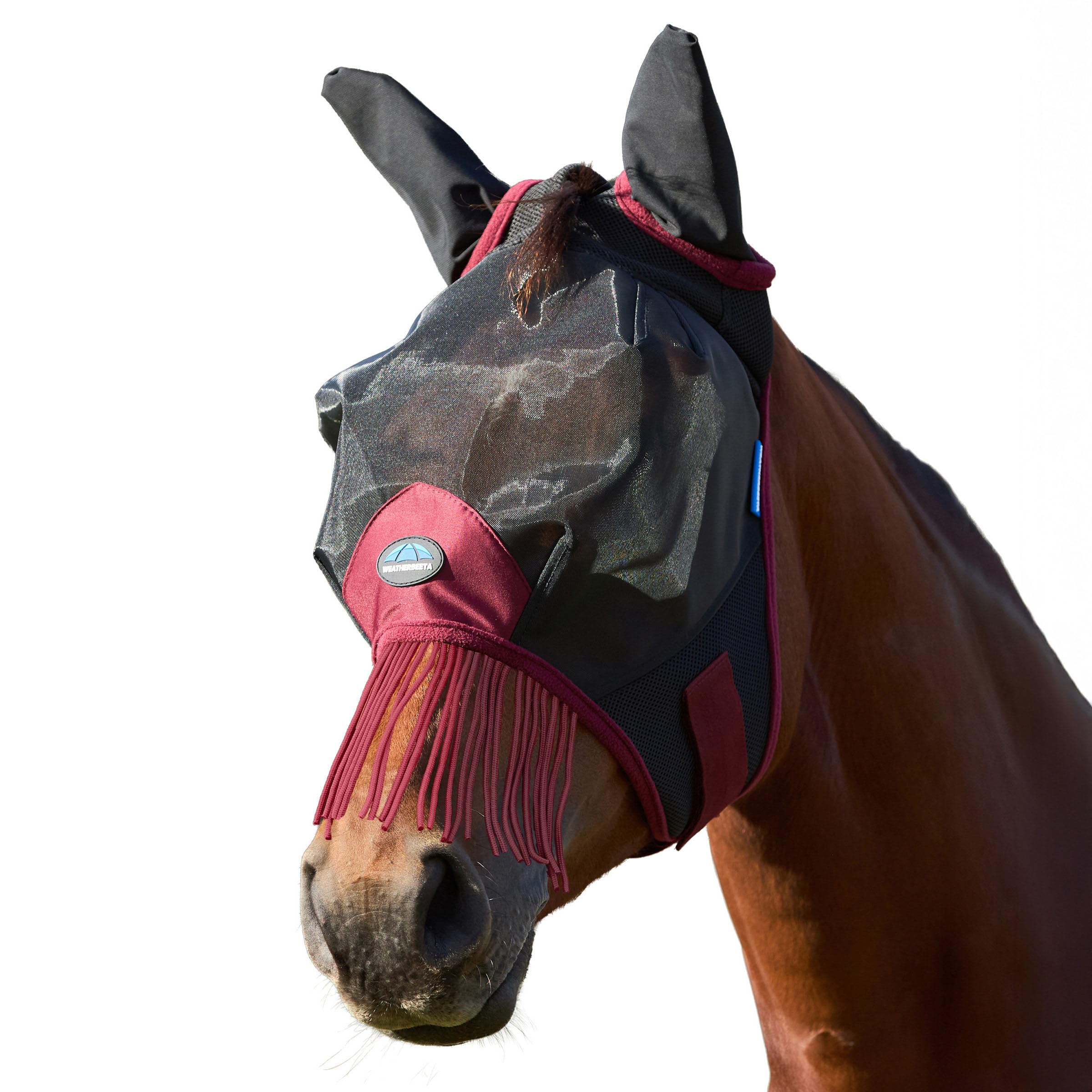 WeatherBeeta ComFiTec Fine Mesh Fly Mask with Ears & Tassels, Black/Burgundy, Extra Large
