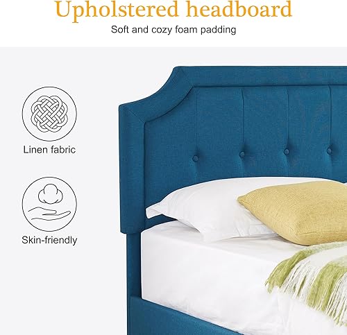 Miniatura 50 de VECELO Base de cama de plataforma de tamaño matrimonial con cabecera tapizada de tela y soporte de listones de madera, no necesita somier, fácil