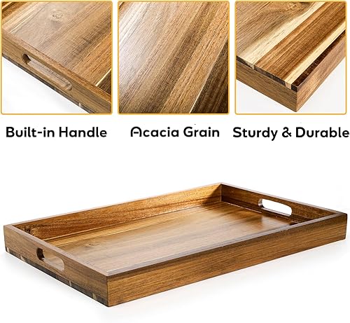 Miniatura 3 de YOUEON Paquete de 2 bandejas grandes de madera de acacia con asas, bandejas decorativas de madera de 17 x 12 pulgadas para servir alimentos,