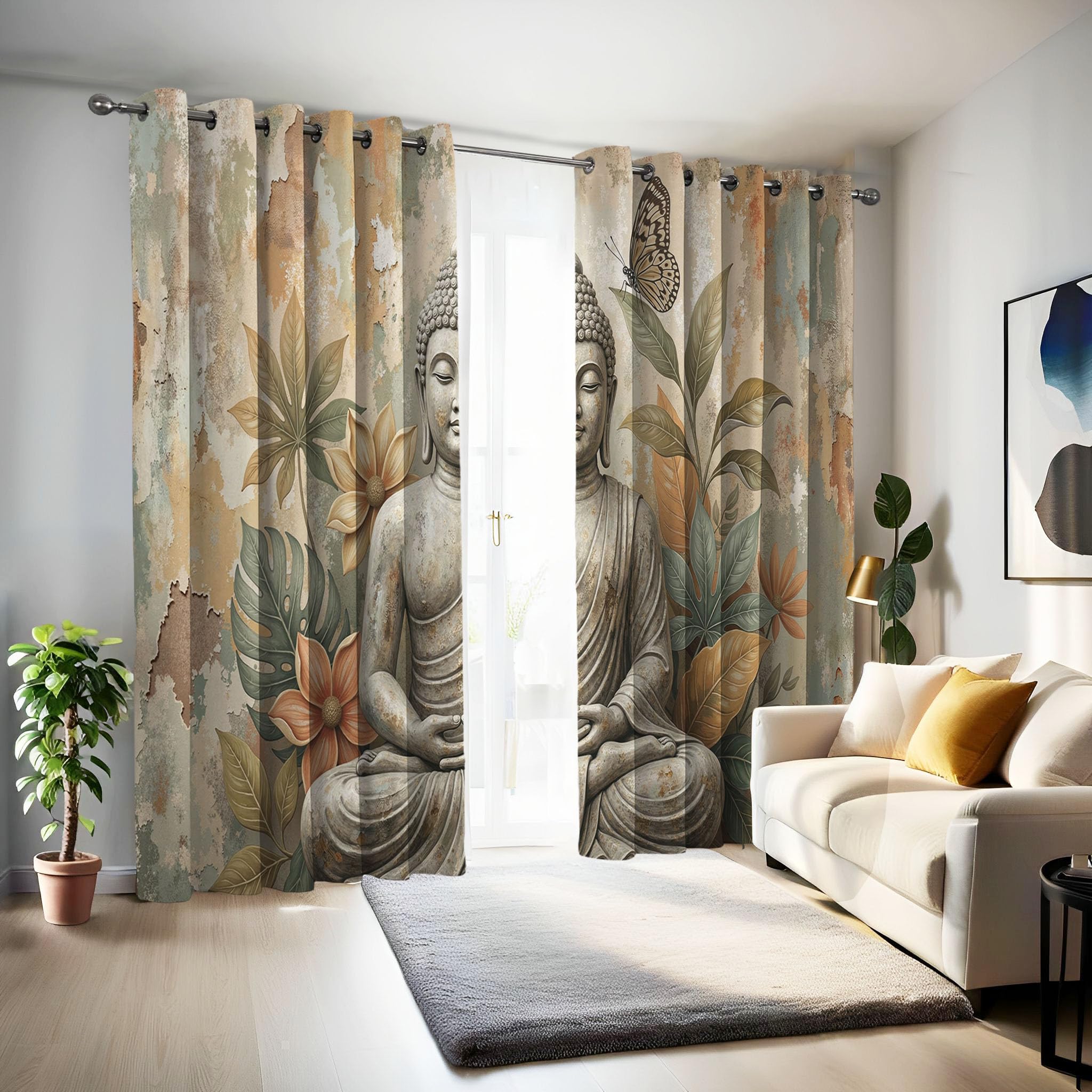 Stile Zen retrò Tende Oscuranti per Interni, 2 Pannelli, 140 X 220 cm | Tenda Termica Isolante Freddo e Caldo, Statua di Buddha Fiori di Monstera, per Camera da Letto e Soggiorno Marrone-verde