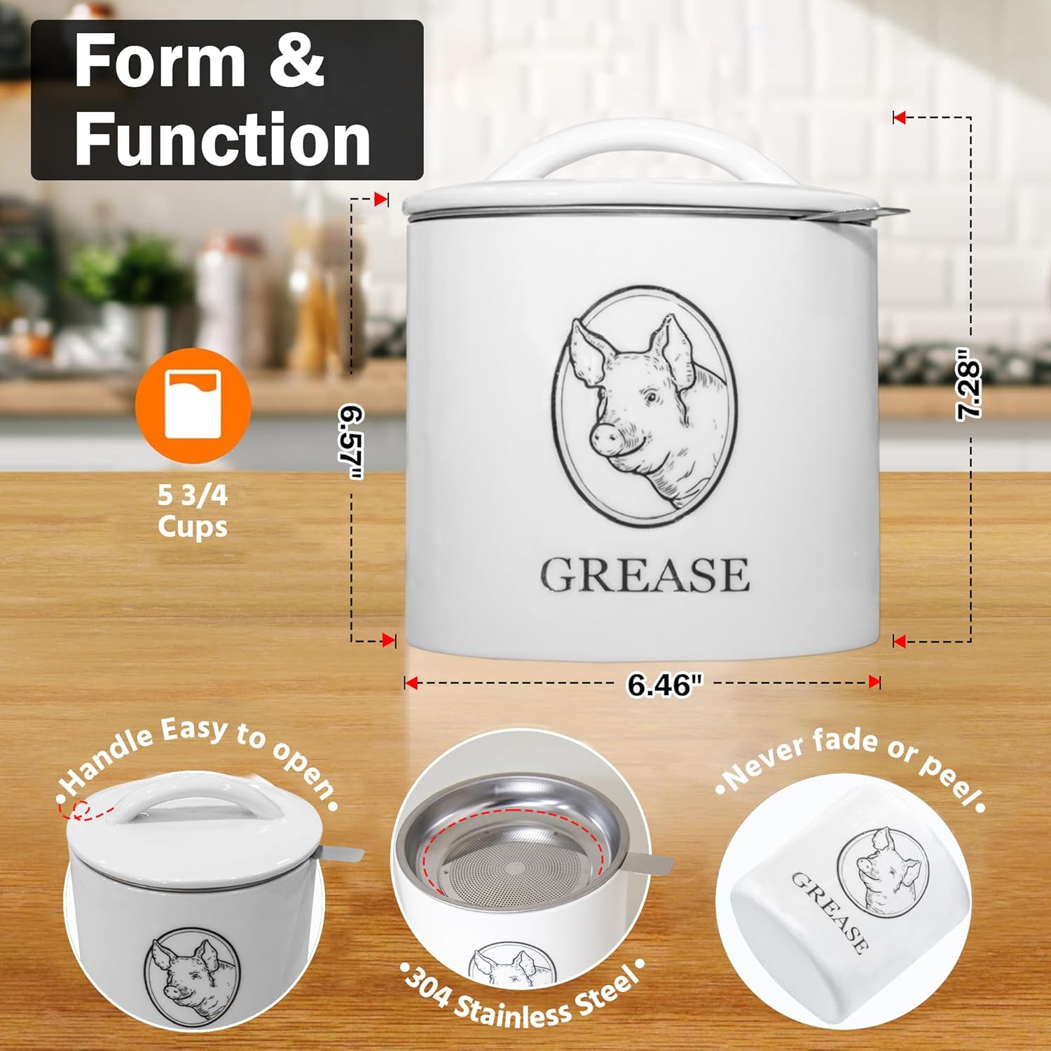 Bacon Grease Saver with Strainer - Food-Grade Ceramic Hot Grease Container with Lid - Heat Resistant White Ceramic Canister for Bacon Fat Storage - Kitchen Must Have - 24 Oz