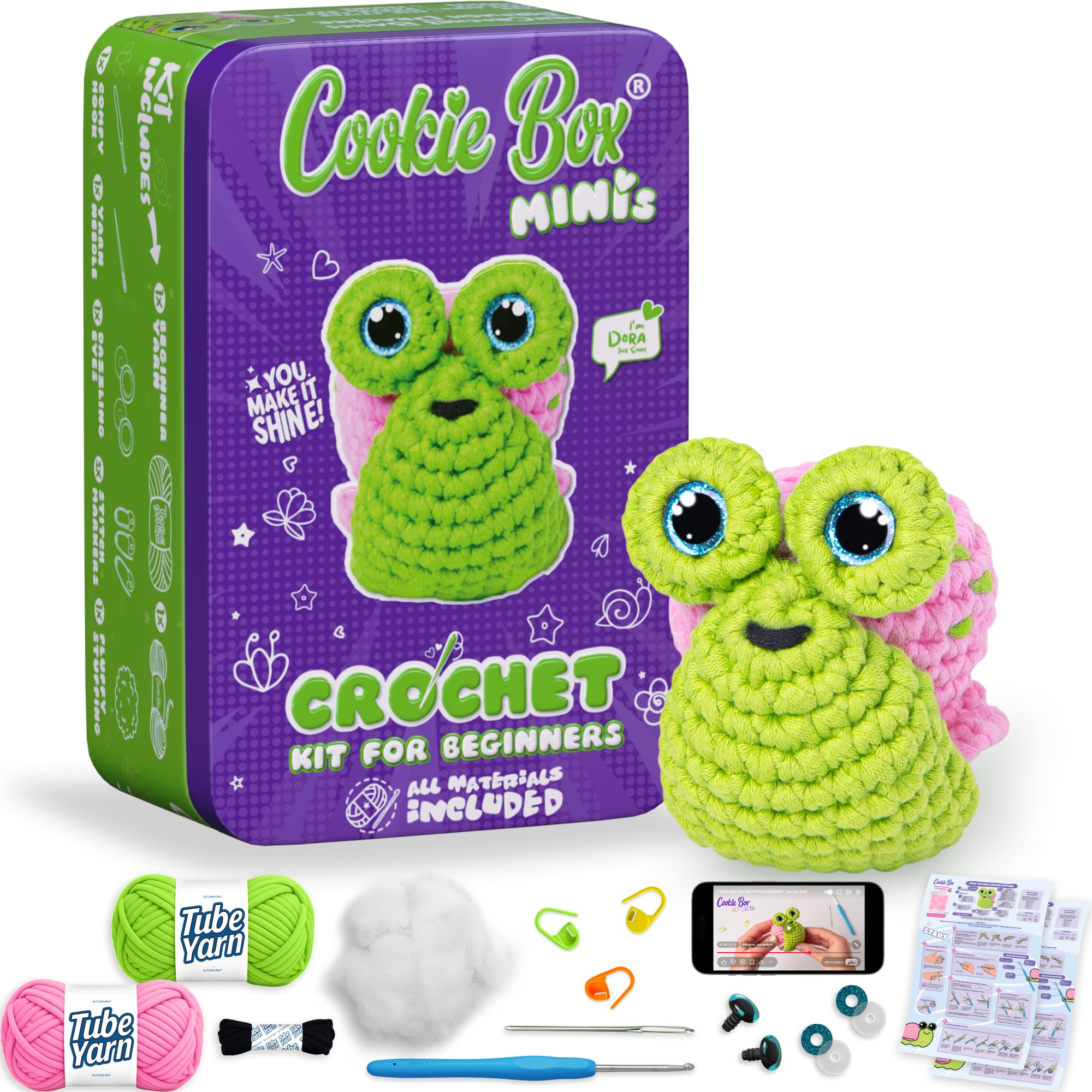 Cookie Box MINIs Crochet Kit for Beginners – Gift Set to Make Snail Dora Amigurumi Plushie – Easy DIY Crochet & Knitting Starter Kit with Printed Instructions & Step-by-Step Video Tutorial