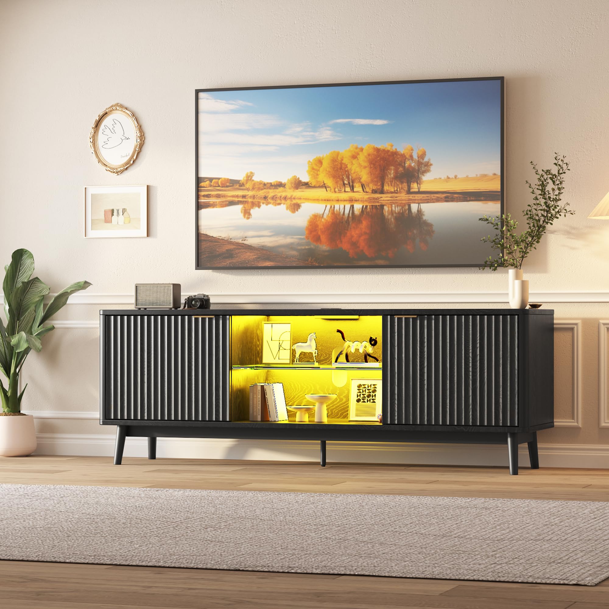 GarveeHome TV Stands for Living Room, 63'' Mid Century Modern Entertainment Center with Storage and LED Lights, TV Console for TV up to 75 inch with