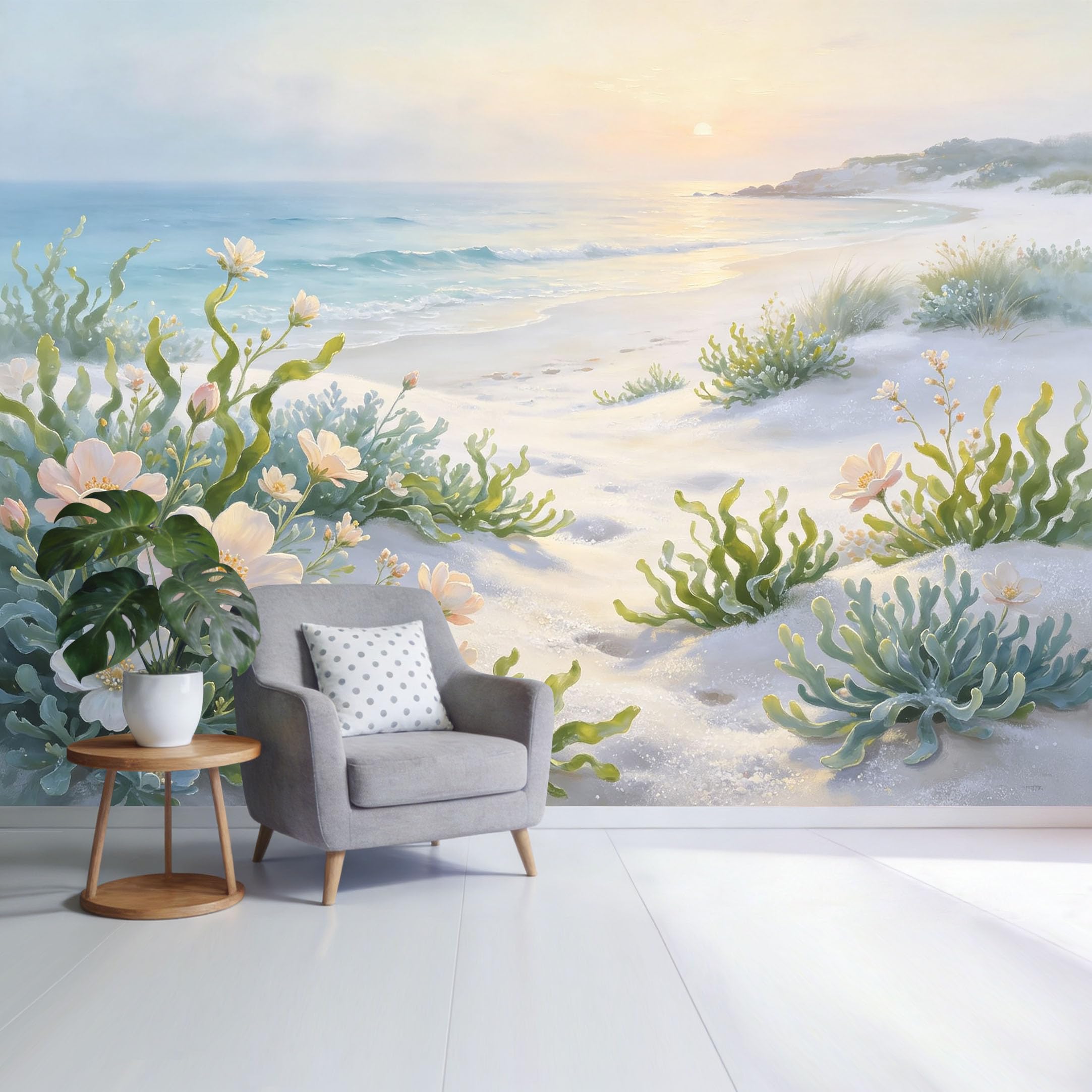 Custom Size Wall Mural Coastal Beach Sunrise Floral Landscape Ocean View Pastel Sea Blossom SelfAdhesive Wall Fabric Removable Wallpaper for Home Office Decor