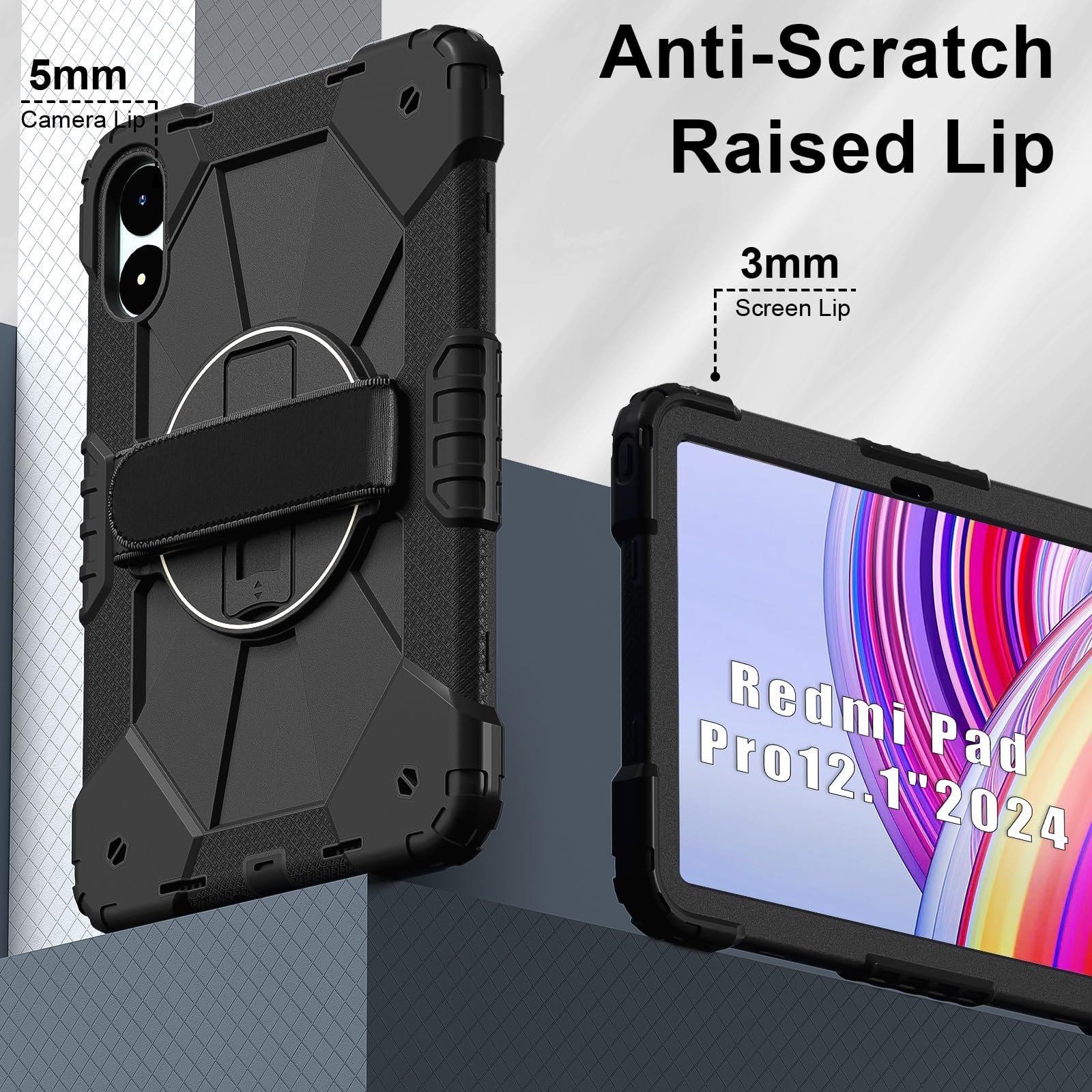 Kompatybilny z Xiaomi Poco Pad 12.1 2024/Redmi Pro Etui dla dzieci odporne na wstrząsy, [podpórka] [pasek ramię] Obrotowy o 360 stopni pasek rękę Uchwyt stojaka Wytrzymała, solidna obudowa(Noir)