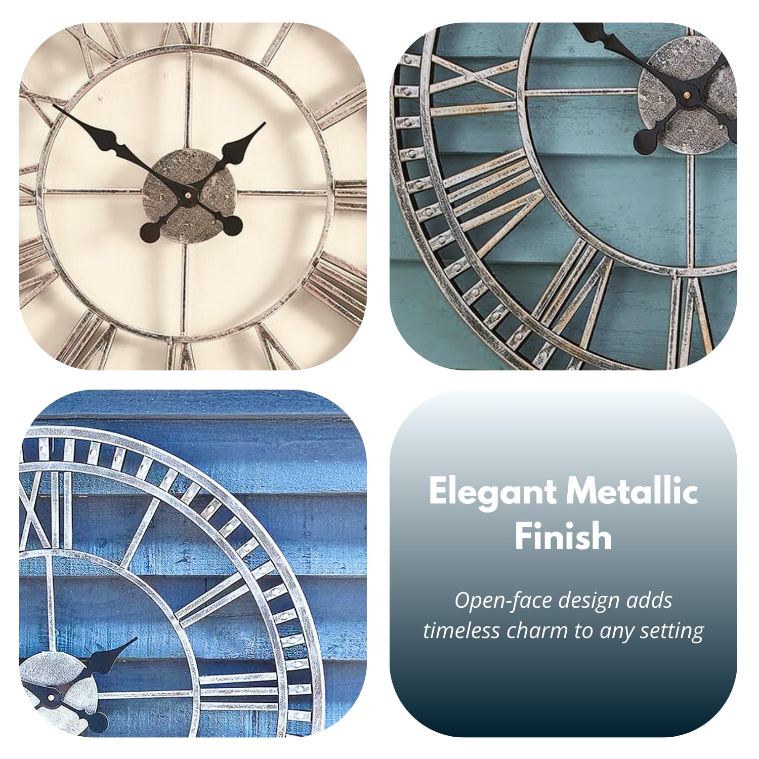 Garden Mile Horloge murale à chiffres romains ouverts de 60 cm pour extérieur/intérieur et extérieur - Étanche - Pour salon, cuisine, jardin
