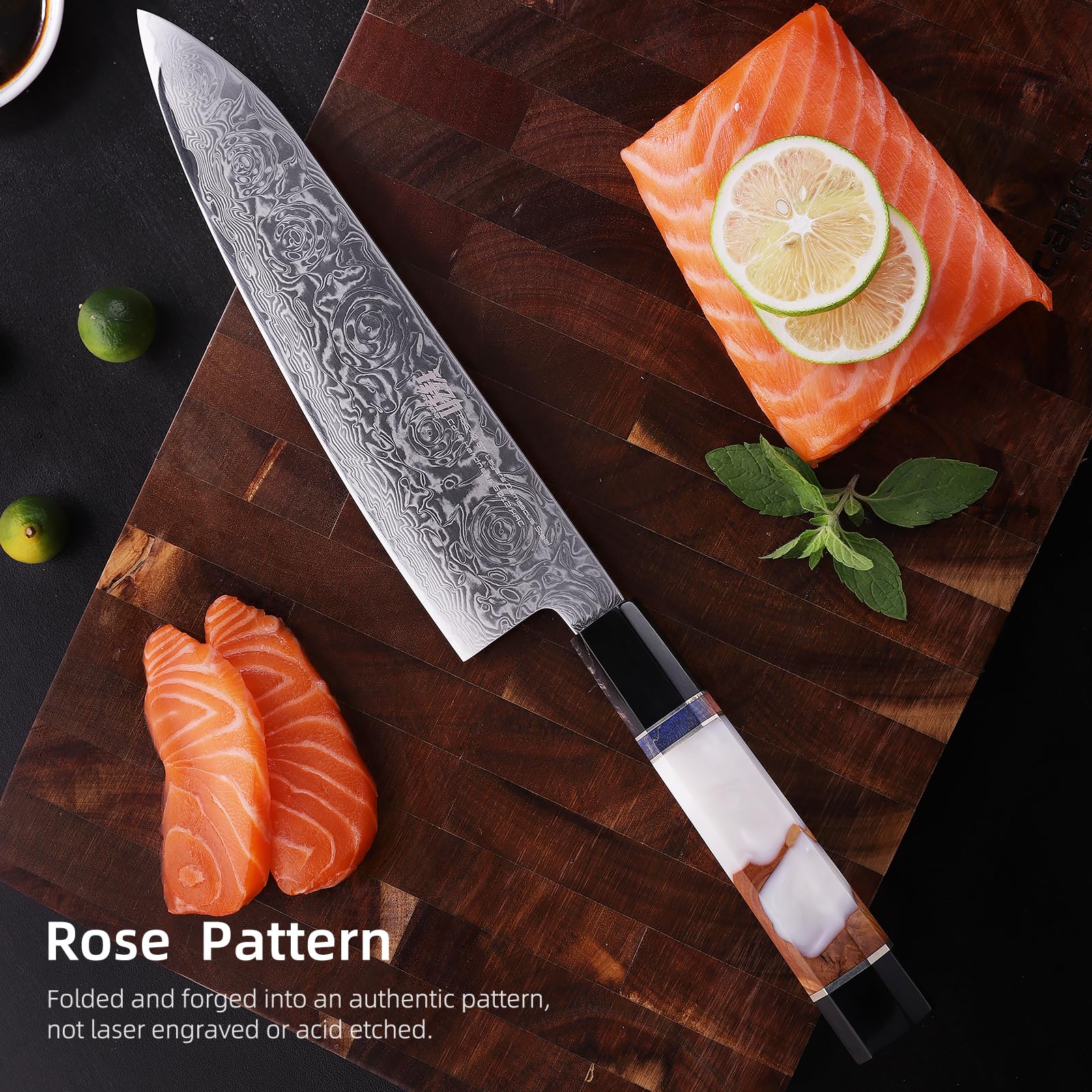 FINDKING 8 Inch Japanese Professional Chef Knife, Damascus Kitchen Blade for Sharp, Sturdy Cuts & Daily Cooking (BLACK-ROSE Series) — Amazon image 3
