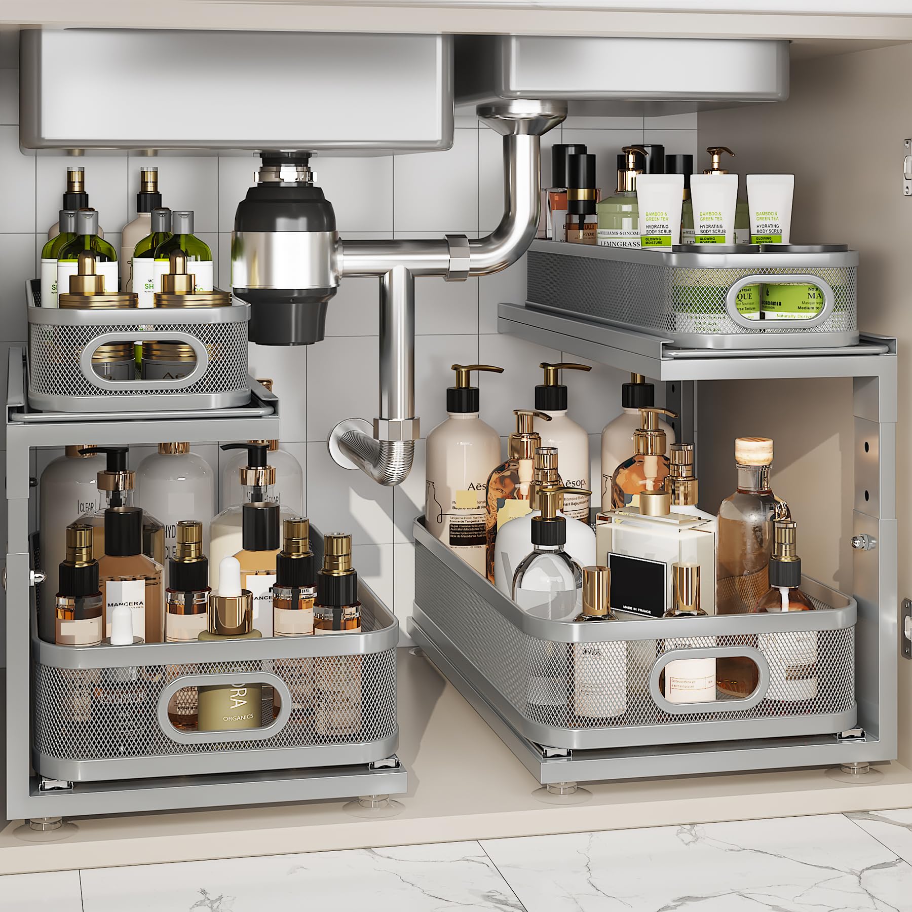 2 Pack 18.5IN-Depth Under Sink Organizer With Next-Gen Ball-Bearing Slides,2-Tier Precision Mesh Pull Out Cabinet Storage for Bathroom&amp;Kitchen,Height Adjustable Drawers Shelf,Anti-rust-Grey