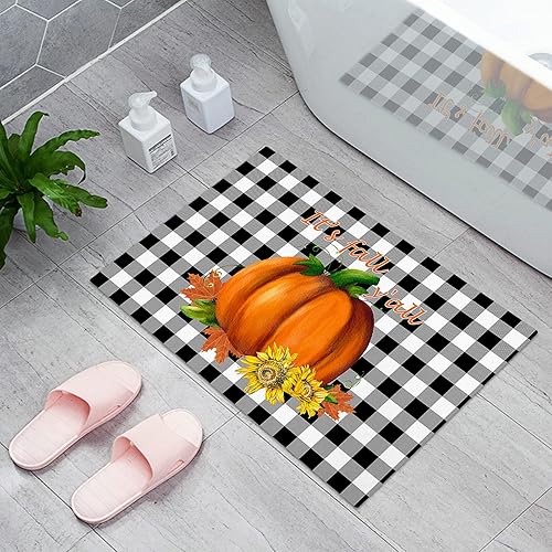 Miniatura 1 de Thanksgiving Pumpkins Sunflowers on Black and White Grid Door Mat, Non-Slip Bath Rugs Welcome Entrance Doormat Thin Floor Mats Fall Maple Leaves Rug