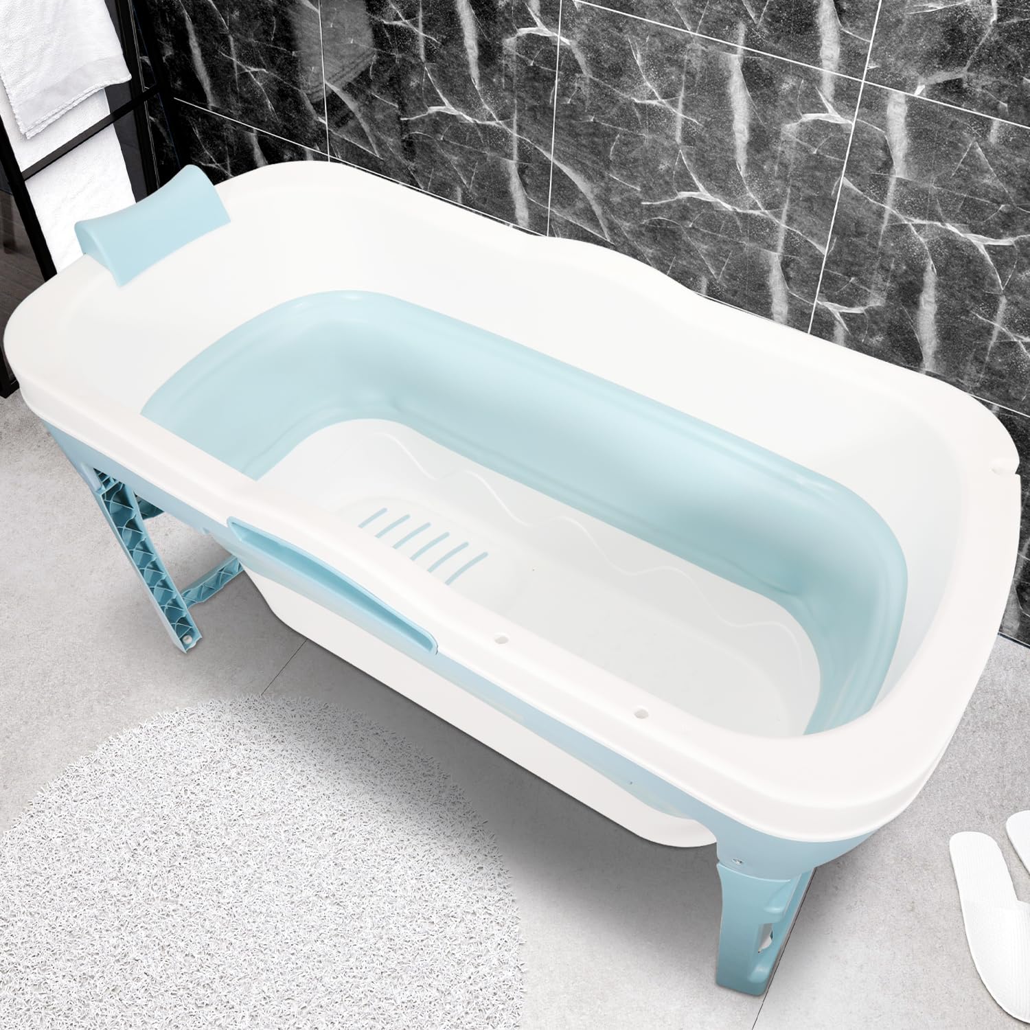 Vasca da bagno pieghevole per adulti, adatta per bagno, doccia e balcone. Ideale per bagni piccoli, dotata di cestino per il sapone e cuscino cervicale, pratica e portatile (118, blu)