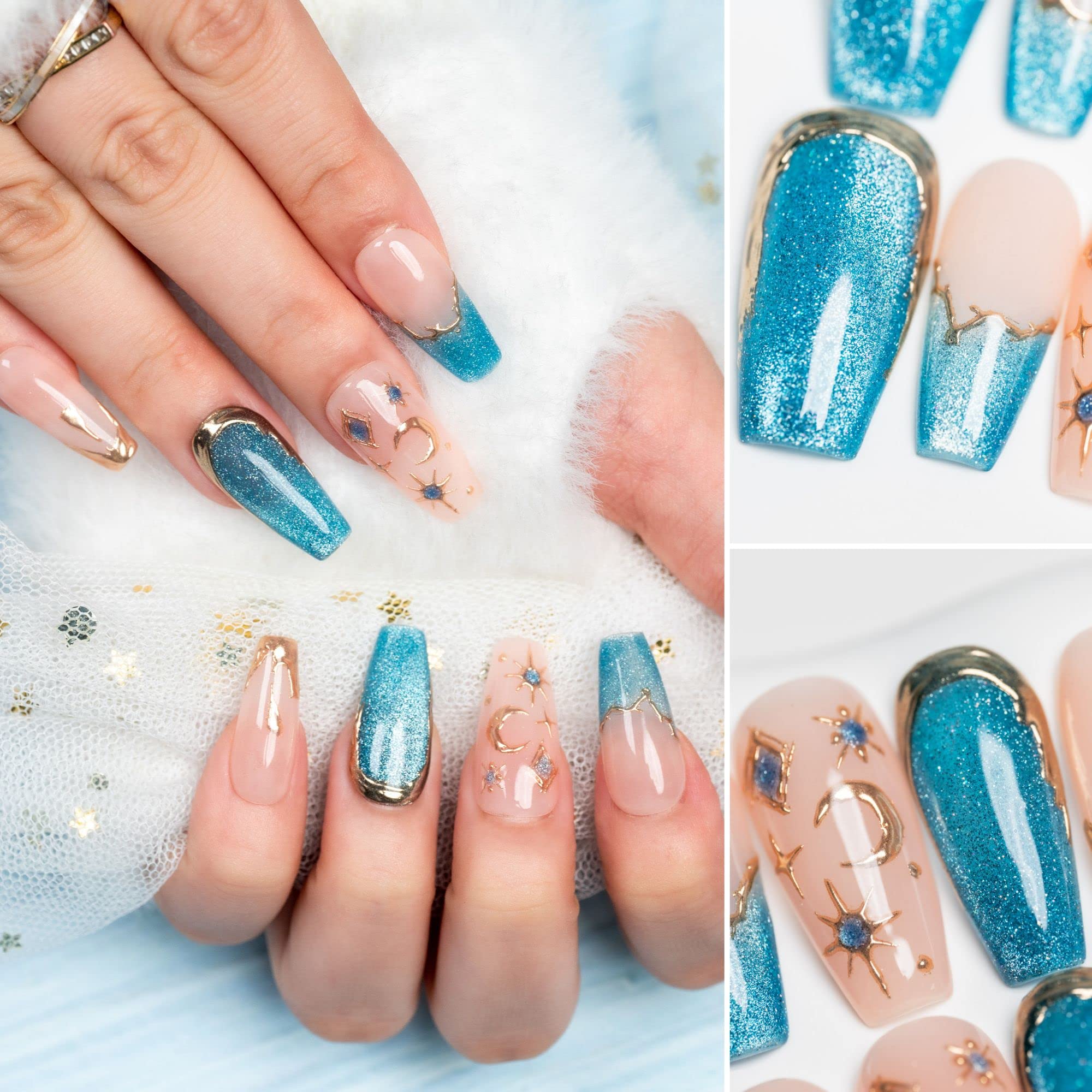 Sun&Beam Nails Handmade Press-On Medium Long Coffin Ballerina with Pink Blue Gold Color 3D Design Charm Cat Eye Cute False Nail Tips 10 Pcs (#82 XS) - Image 2