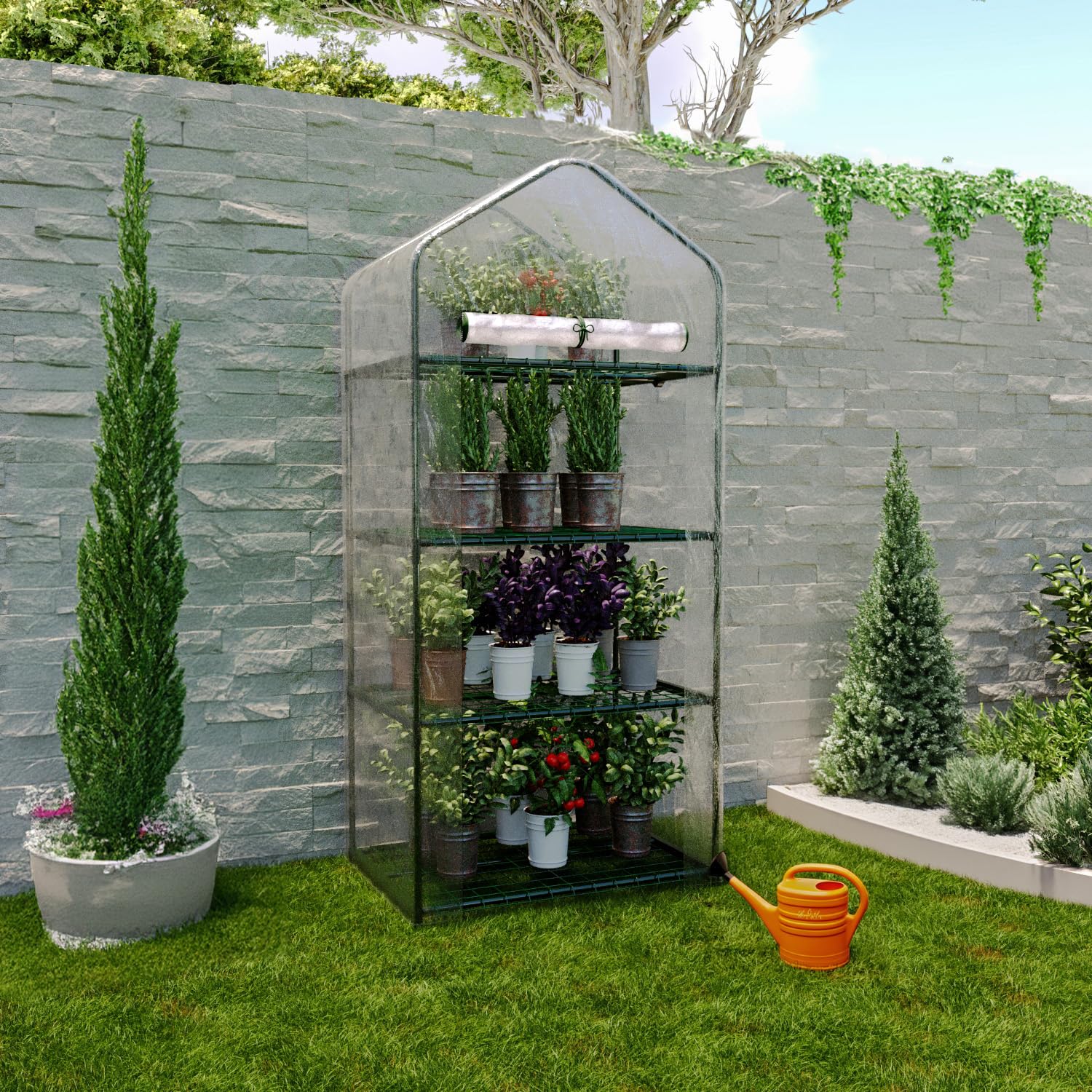Serra A 4 Ripiani Da Giardino Per Orto Telaio In Acciaio Verniciato Telo In PVC Trasparente Porta Avvolgibile Apertura A Cerniera Protezione Piante Giardinaggio Design Sunnyside 69 x 49 x 160 Cm