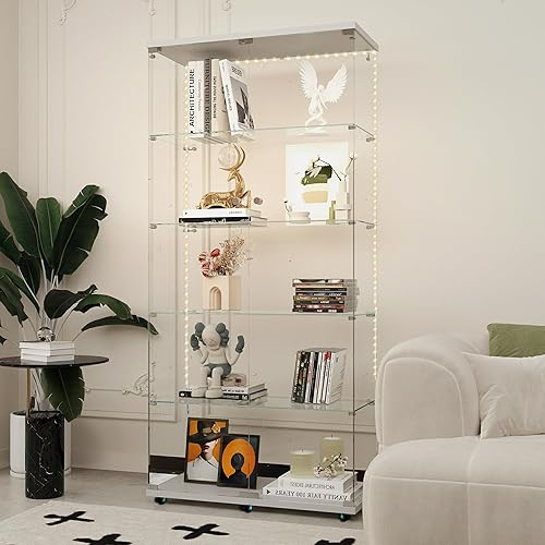 Miniatura 237 de Vitrina de cristal con 4 estantes con tira de luces LED y cerradura, vitrina de vitrina con ruedas y 1 puerta, vitrina de vidrio templado para sala