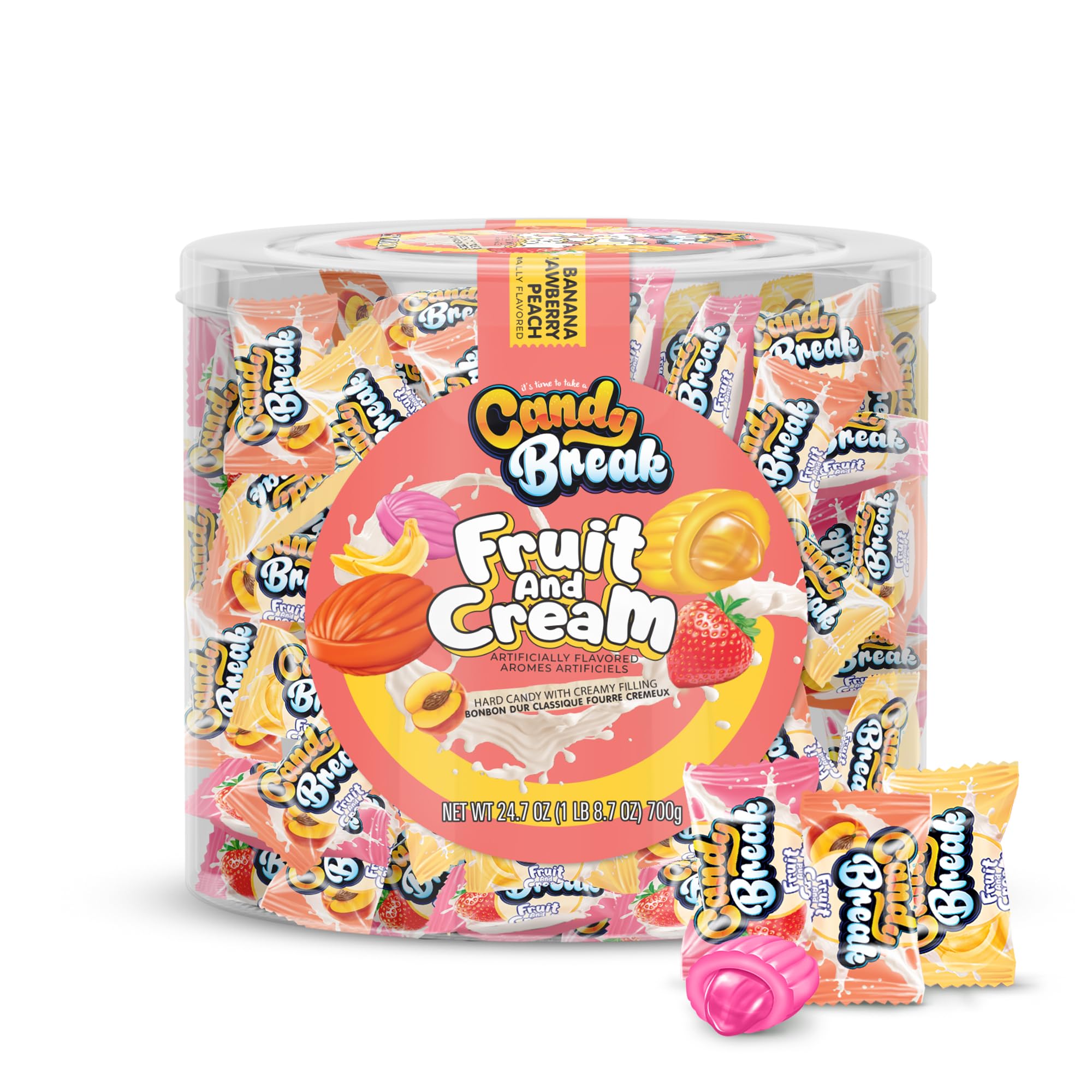 Candy Break Fruit and Cream Candy - 24.7 oz Share Size Bag Center Filled Hard Candy - Strawberry, Banana, Peach Flavored Variety Pack