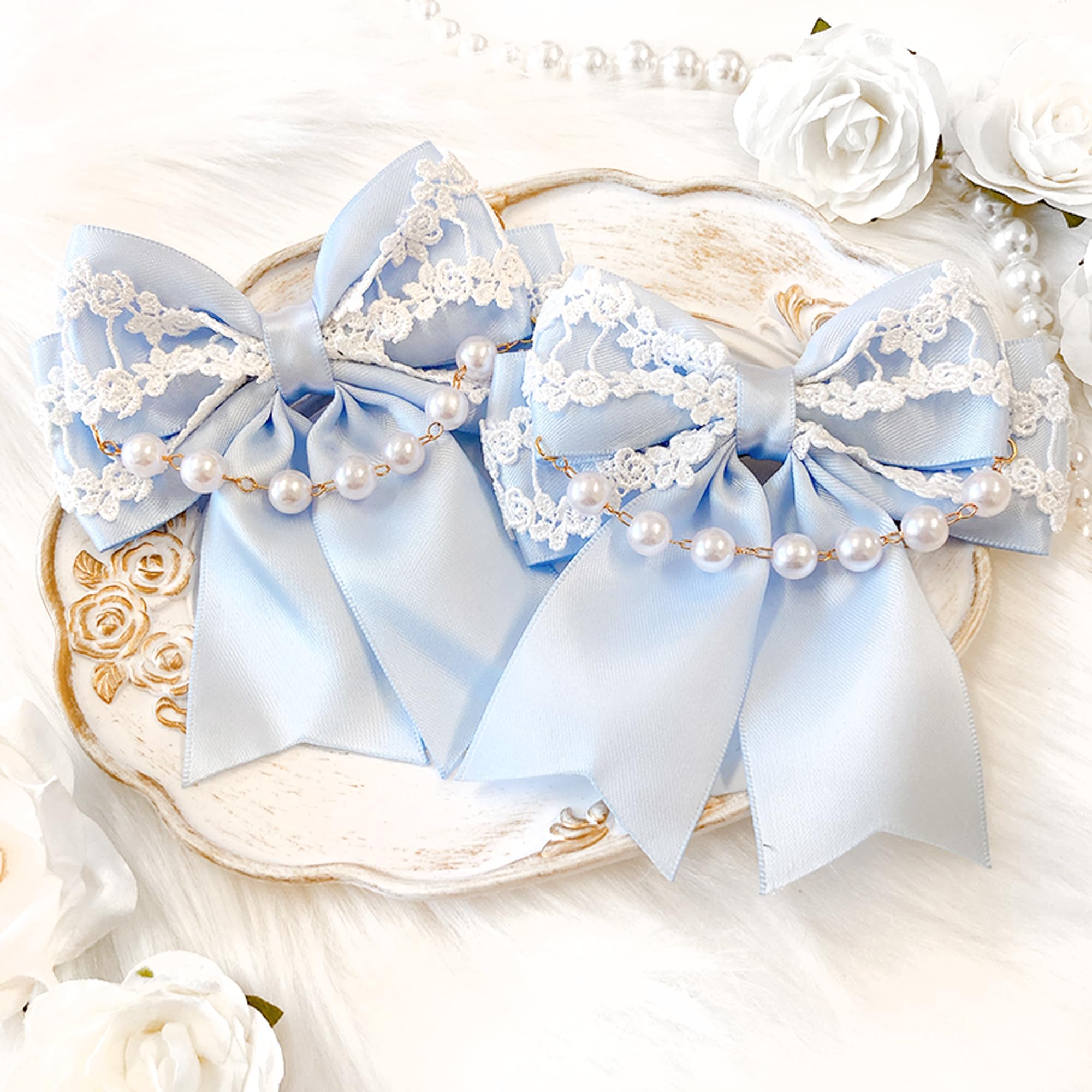 ヘアクリップ　Ｕピン（ガーランドリボン　水色）　ロリィタ　ヘアメ　担当カラー 水色薔薇パールガーランド♡カールリボン♡水色/3色/量産型