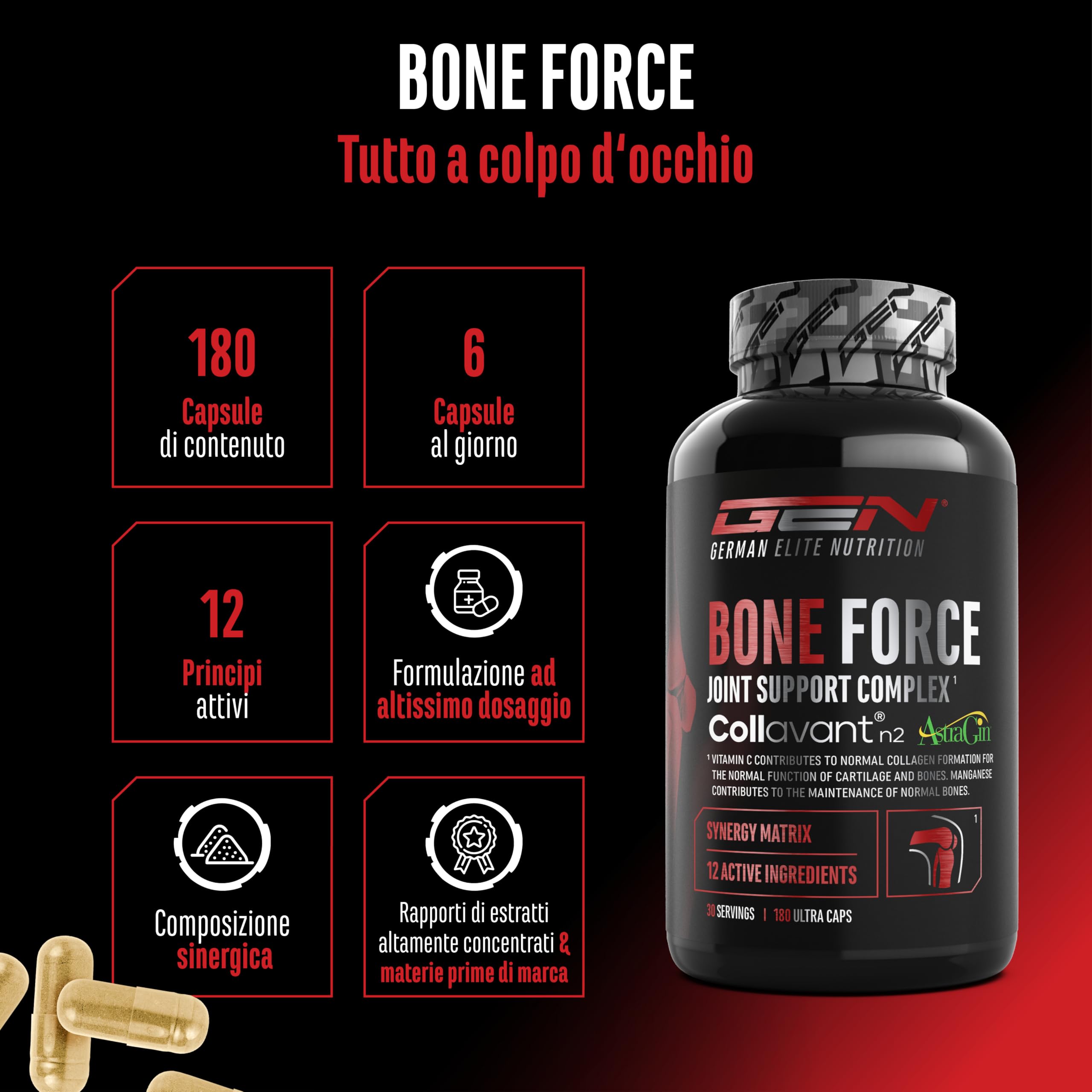Bone Force - Complesso Articolare Premium con Collavant® N2 (Collagene di Tipo II), AstraGin®, Glucosamina, MSM, Condroitina, Cissus e Acido Ialuronico - 180 Capsule Ultra