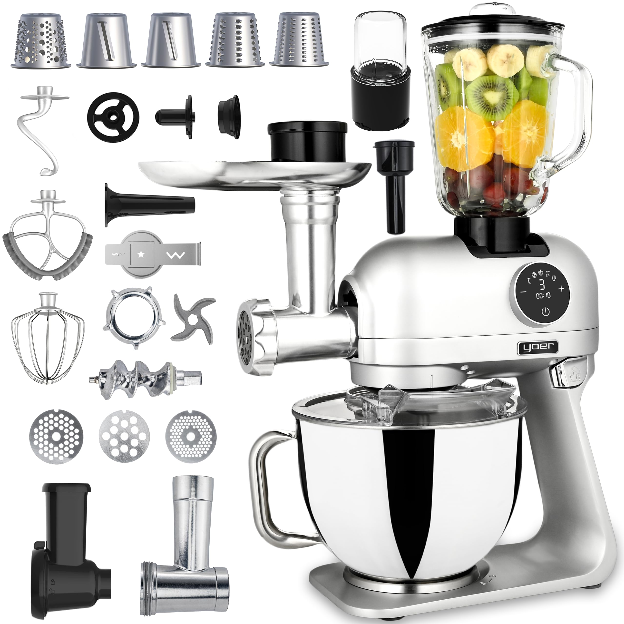 Yoer Astralo KM03S, Planetarny Robot Kuchenny 1200W, wielofunkcyjny, 39 elementów, mikser stojący, maszynka do mielenia, blender kielichowy, szatkownica, młynek, cicha praca, srebrny