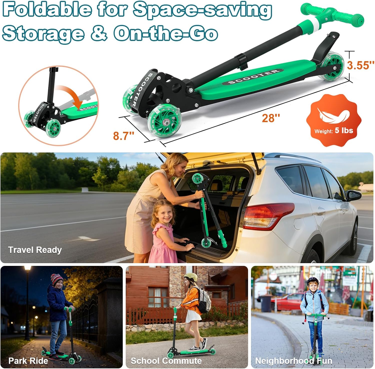 3 Wheel Kids Kick Scooter for Ages 3-12, Lean-to-Steer, Light-Up Wheels, 3-Level Adjustable Handlebar 27.5”-33”, Wide Non-Slip Deck, Dual Rear Brake,Travel Foldable, for Boys & Girls Toy Gifts