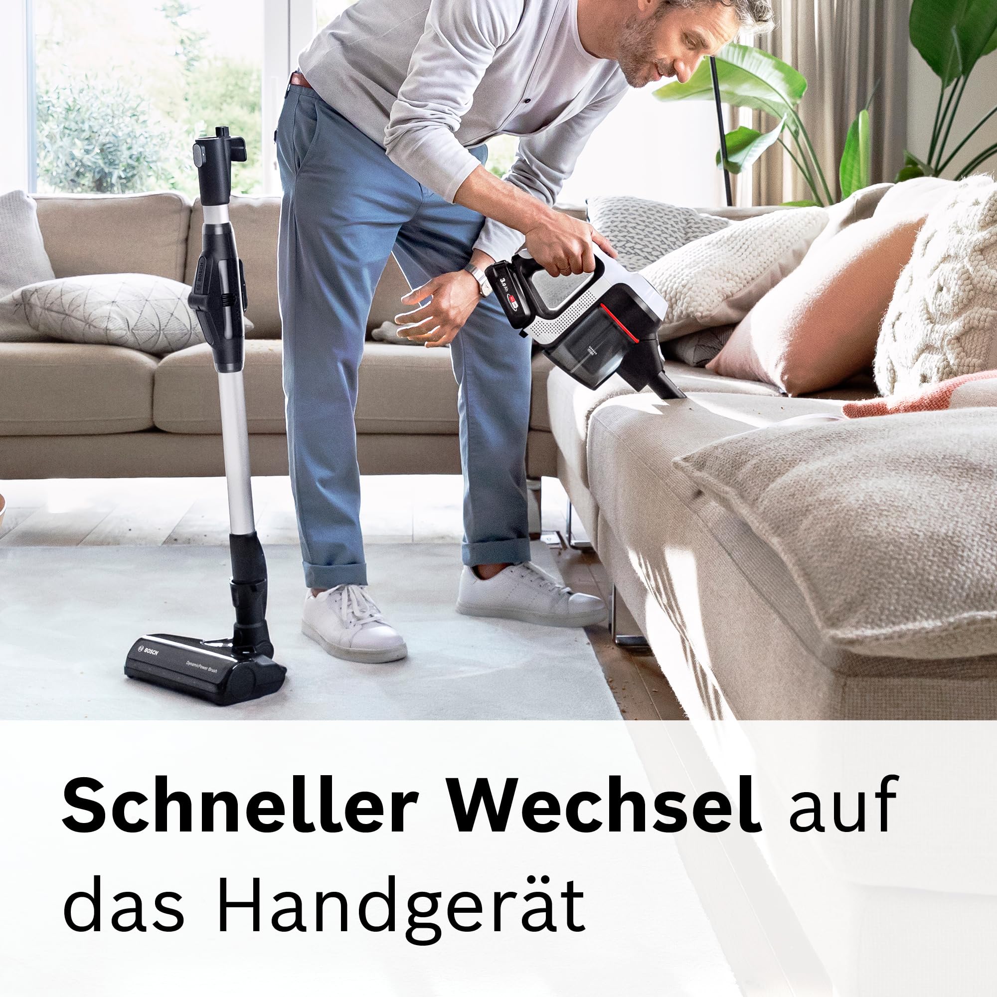 Bosch Akku-Staubsauger Unlimited 7 BSS711W, kabelloser Handstaubsauger, beutellos, Wechselakku, Knickrohr, Hygiene-Filter, 10 Jahre Motorgarantie, XXL-Polsterdüse, LED-Beleuchtung, Turbostufe, weiß