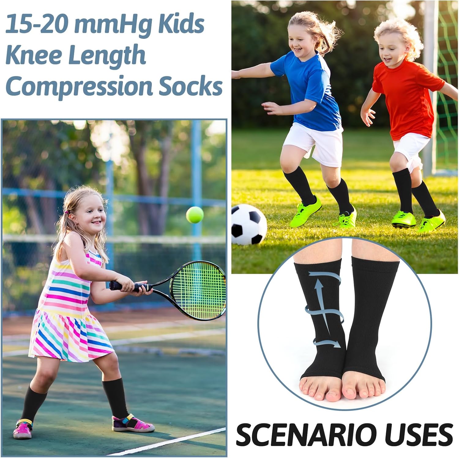 Shinymoon 4 Pairs Kids Open Toe Compression Socks 15-20 Mmhg Knee Length Support Graduated Compression Socks - Image 3